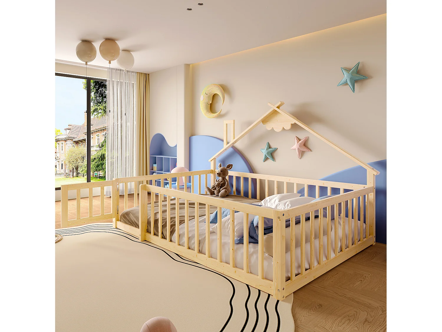 Lit plat pour enfant 140 x 190 cm, avec balustrade et verrou, en pin naturel (200x151x112 cm)
