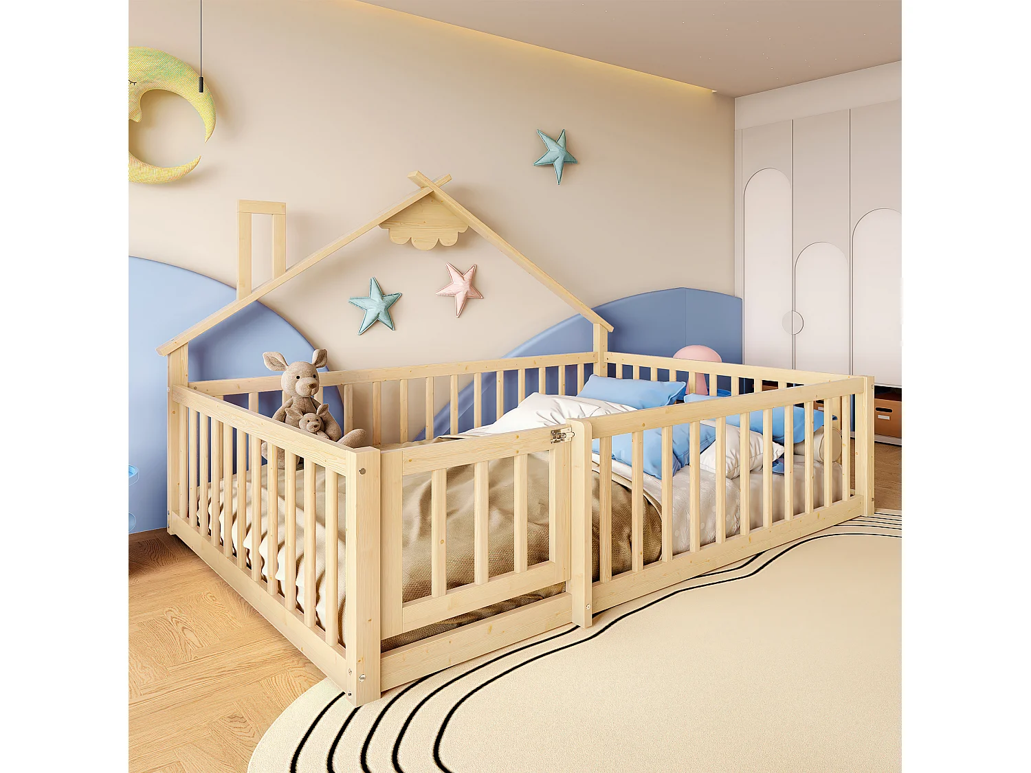 Lit plat pour enfant 140 x 190 cm, avec balustrade et verrou, en pin naturel (200x151x112 cm)