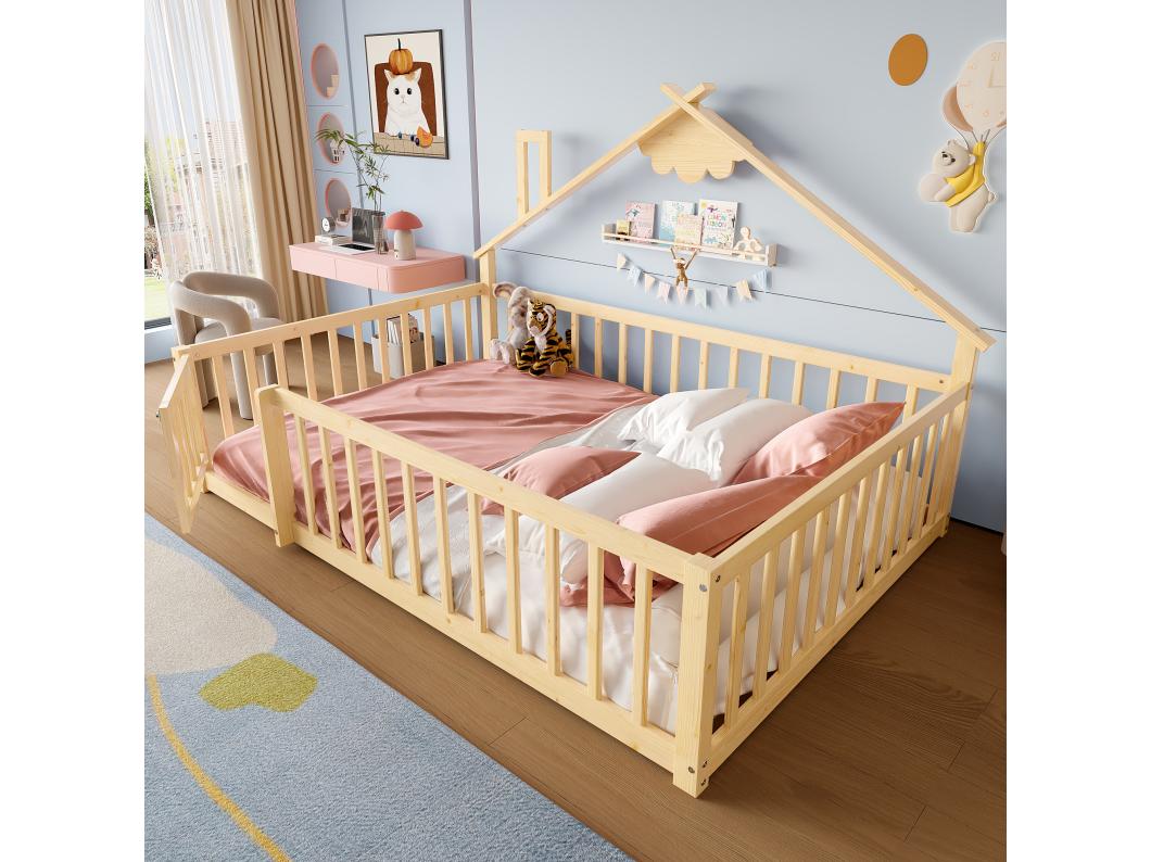 Kinderbed 140 x 190 cm, met leuning en slot, in natuurlijk grenen (200 x 151 x 112 cm)