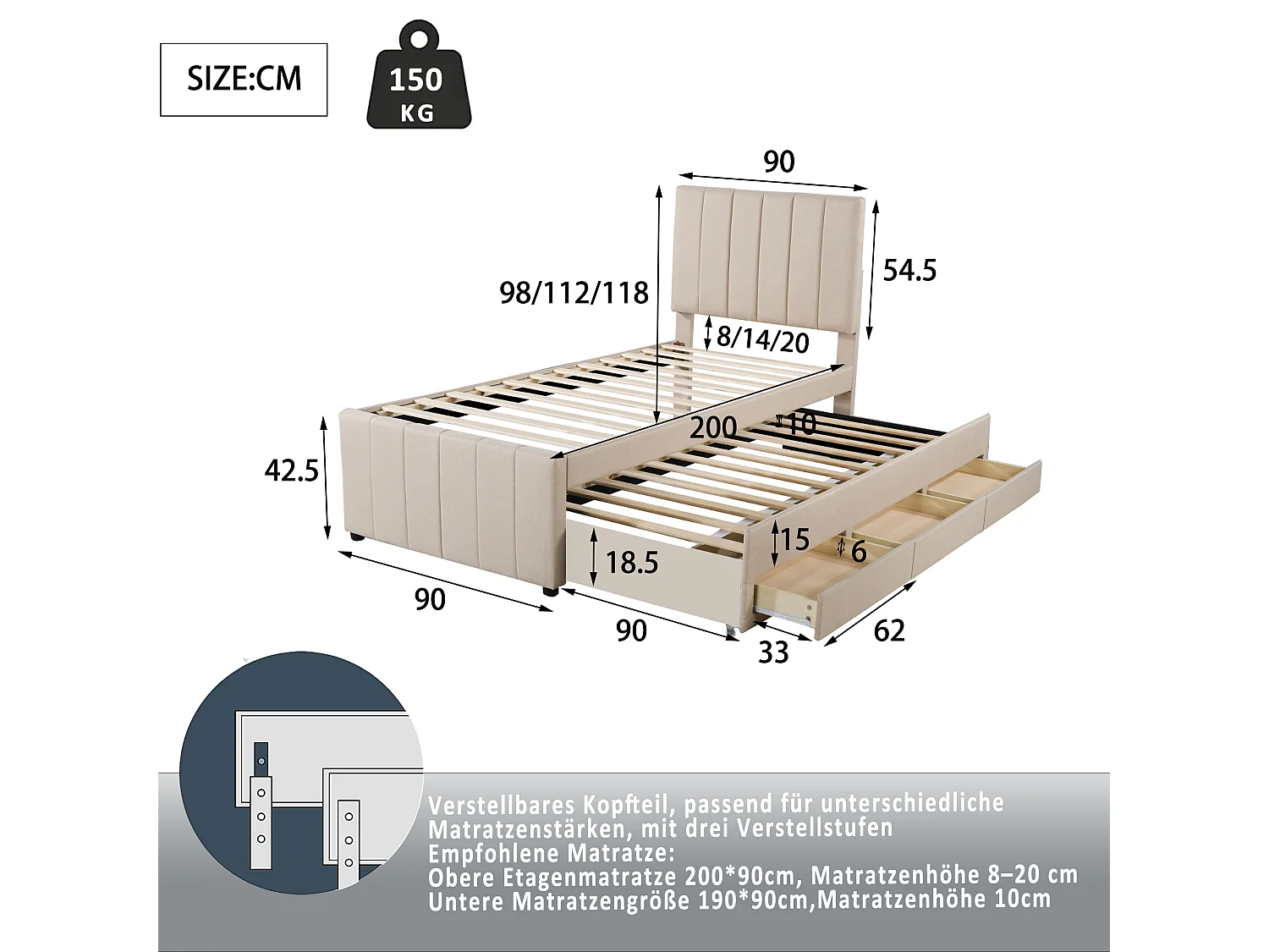 Multifunctioneel bed 90 x 200 cm met uitschuifbed en lades, beige linnen stof (204x90x118 cm)