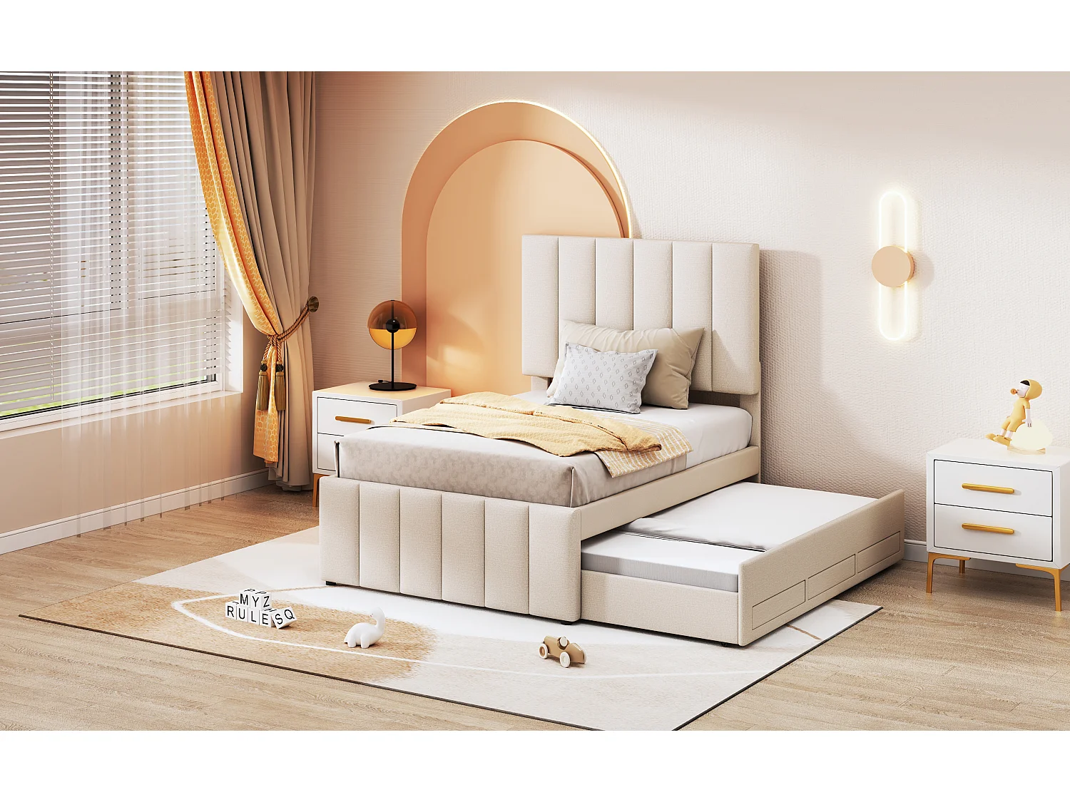 Multifunctioneel bed 90 x 200 cm met uitschuifbed en lades, beige linnen stof (204x90x118 cm)