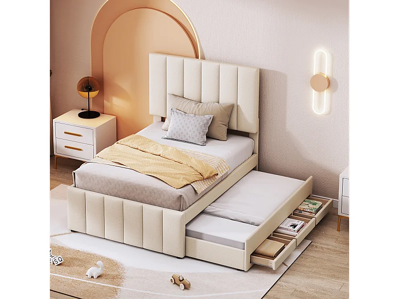 Multifunctioneel bed 90 x 200 cm met uitschuifbed en lades, beige linnen stof (204x90x118 cm)