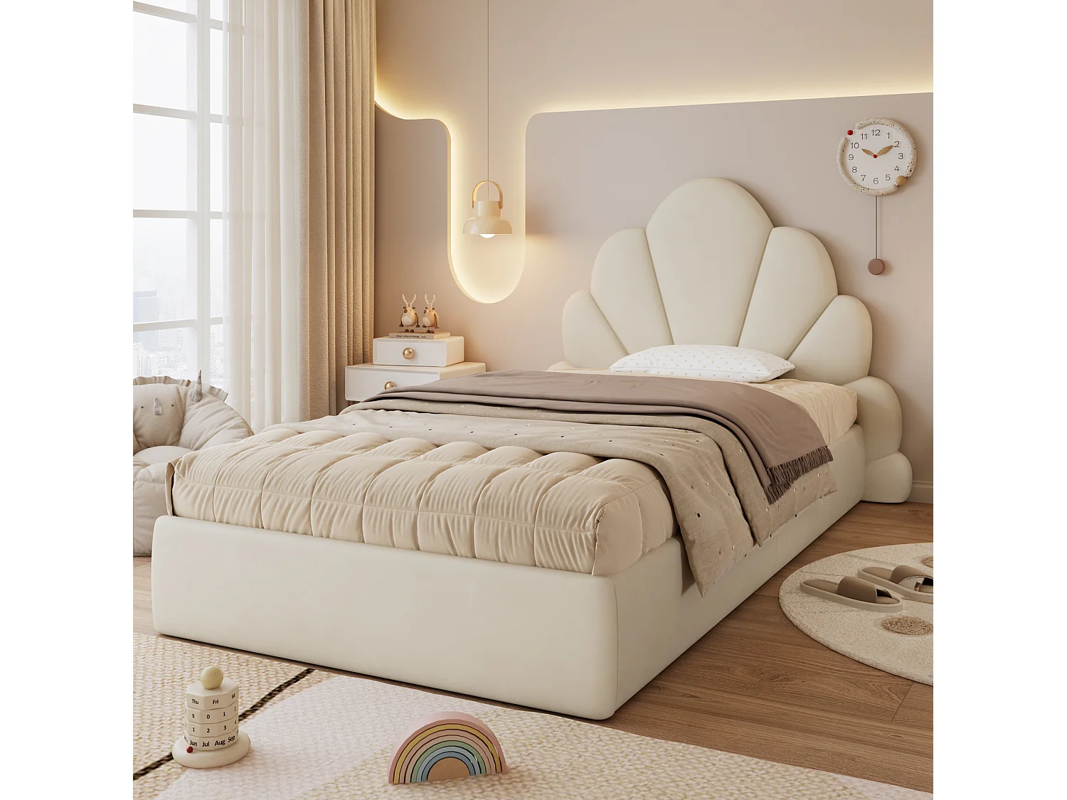 Letto singolo imbottito con testiera a forma di petalo, design moderno, velluto, beige (205x137,5x103 cm)