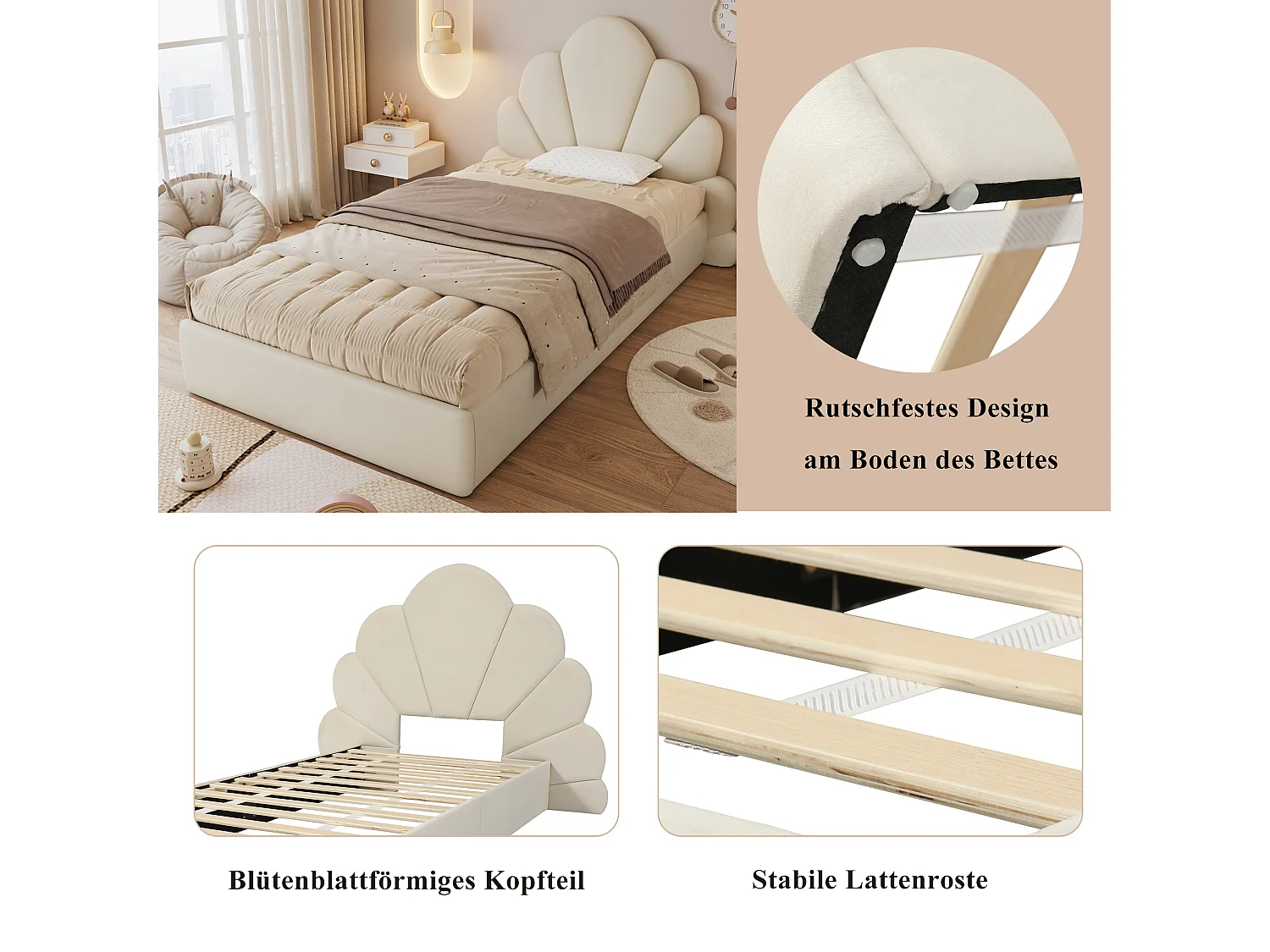 Letto singolo imbottito con testiera a forma di petalo, design moderno, velluto, beige (205x137,5x103 cm)