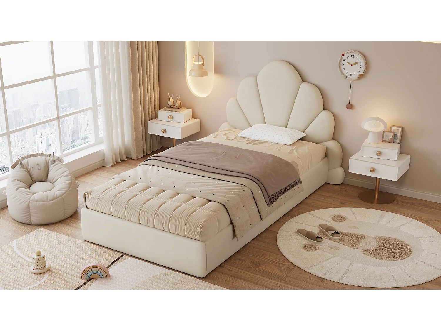 Letto singolo imbottito con testiera a forma di petalo, design moderno, velluto, beige (205x137,5x103 cm)