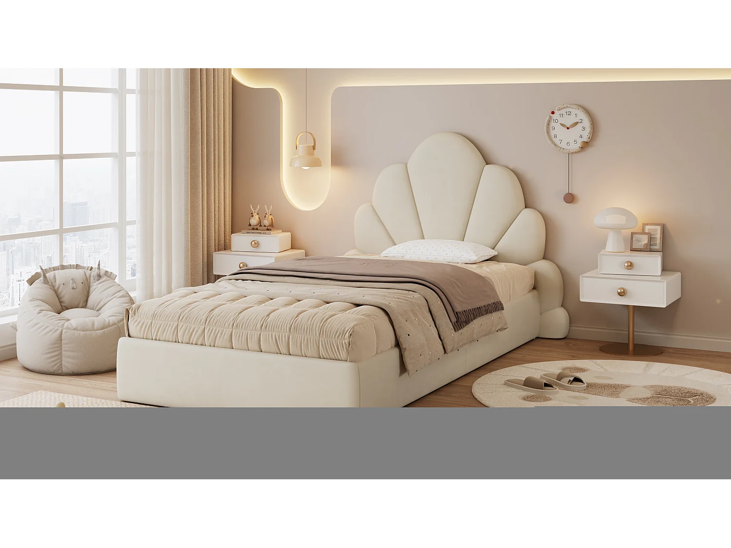 Letto singolo imbottito con testiera a forma di petalo, design moderno, velluto, beige (205x137,5x103 cm)