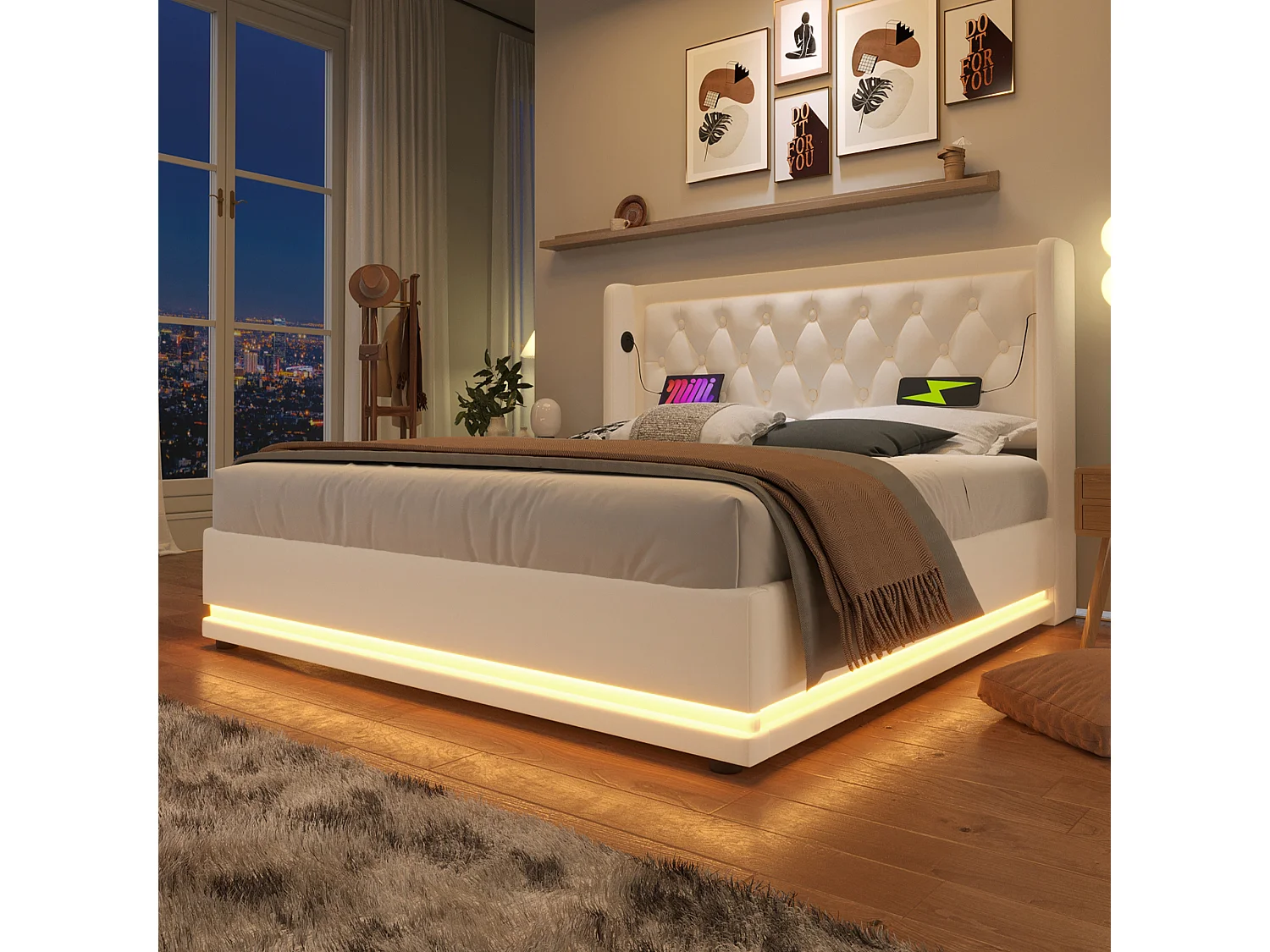 Letto matrimoniale con LED a 3 lati, sistema idraulico e contenitore, testiera con USB-C, PU bianco, 160x200 cm