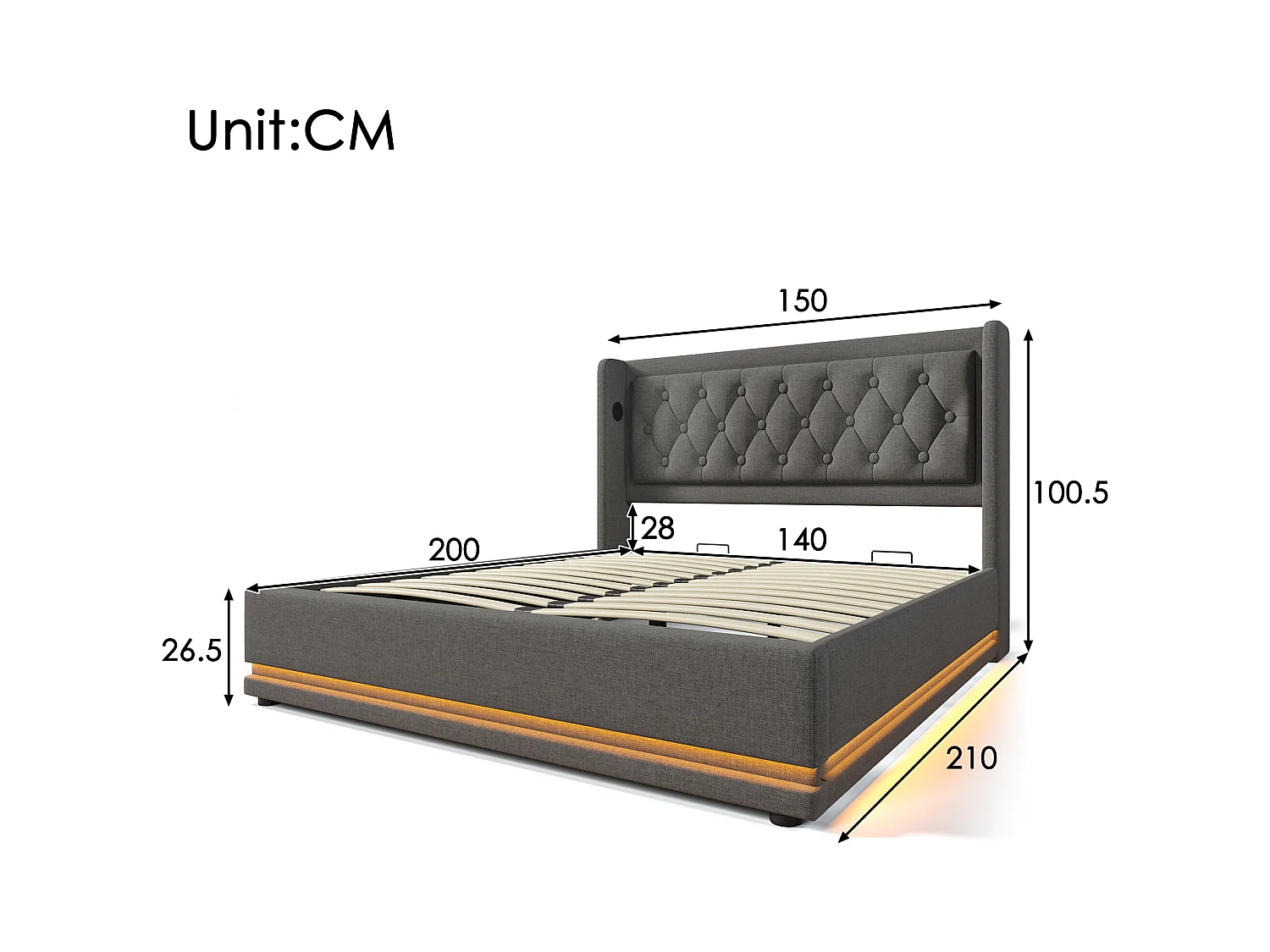 Lit double 140\200 cm, gris coton, avec rangement hydraulique, tête de lit USB Type-C et fonction LED 3 côtés (sans matelas)