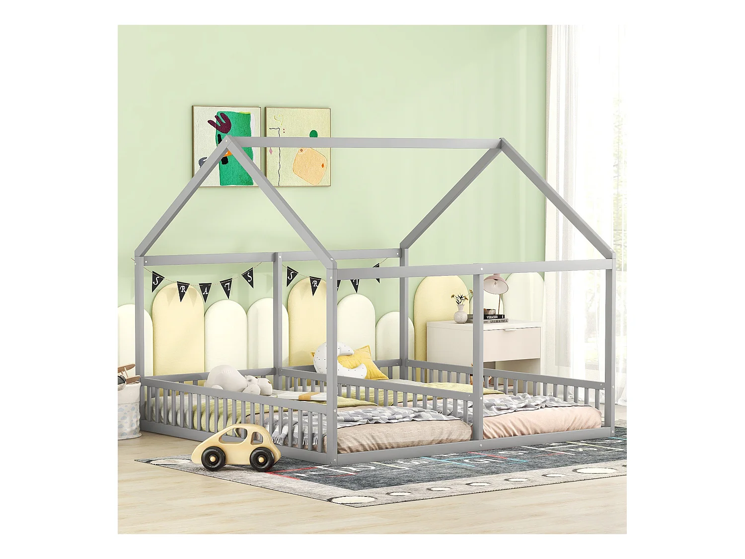 2-in-1 kinderbed, huisbed 90x200 cm, grenen, grijs (204x187x168 cm)