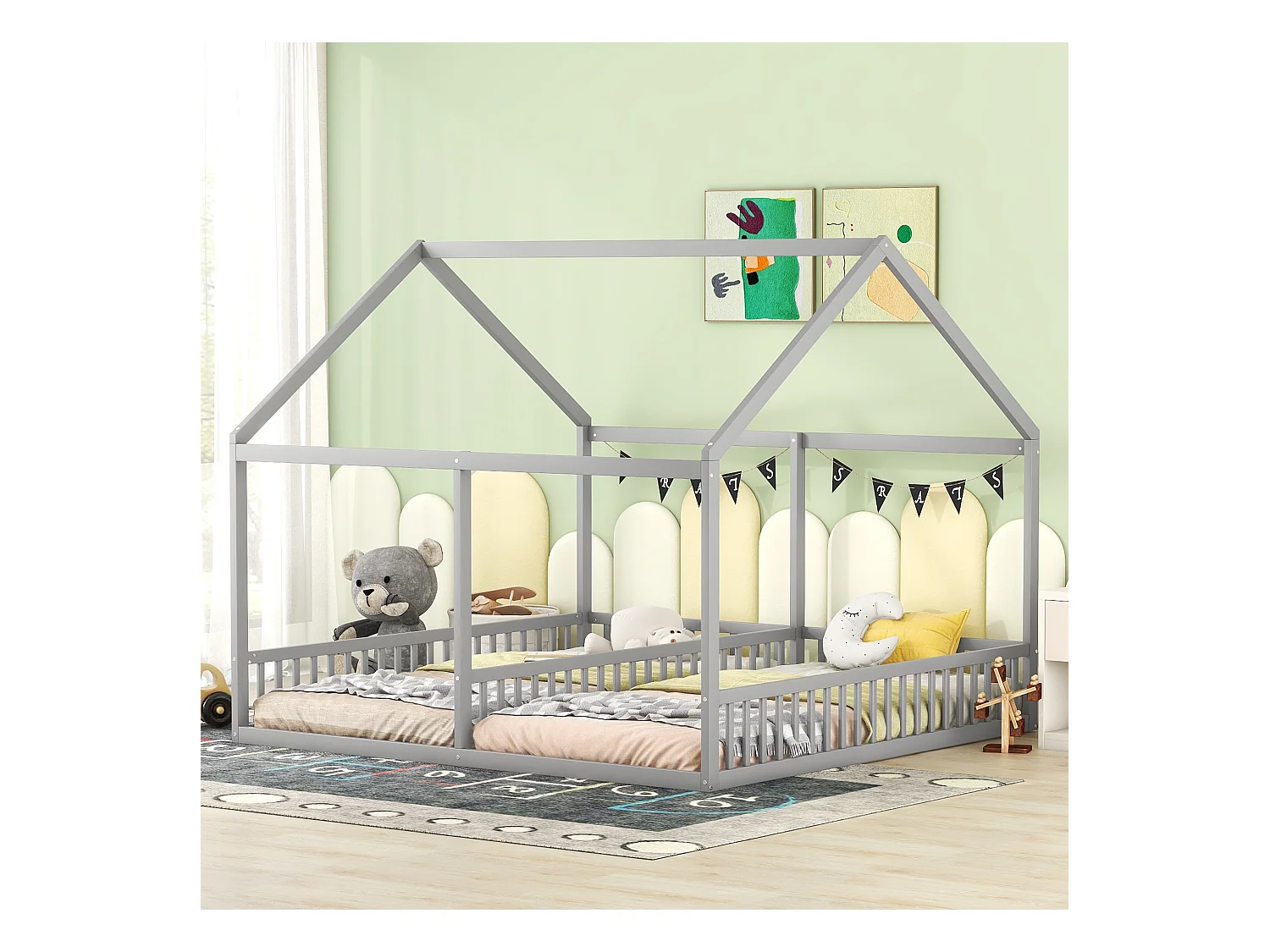 2-in-1 kinderbed, huisbed 90x200 cm, grenen, grijs (204x187x168 cm)