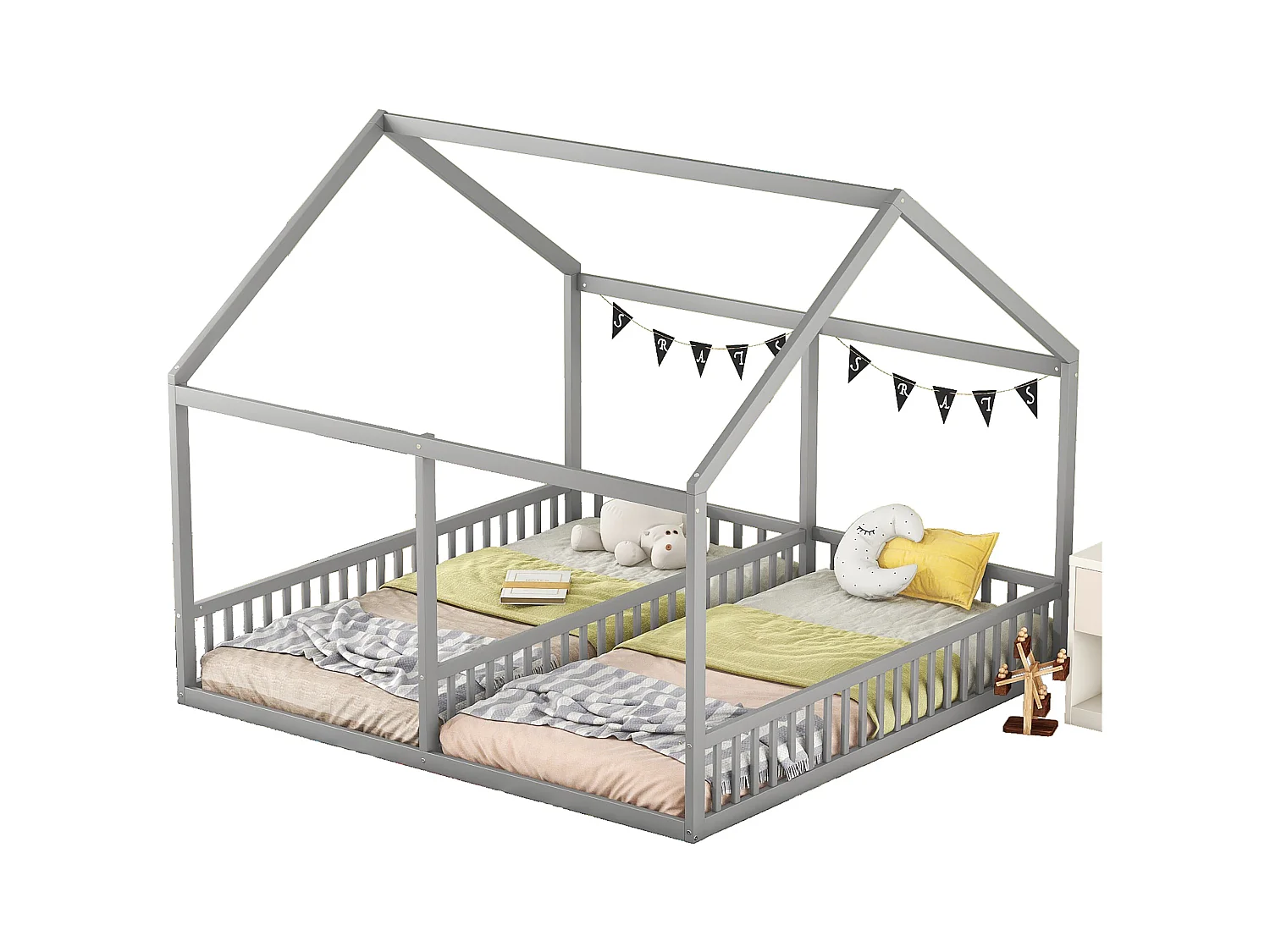2-in-1 kinderbed, huisbed 90x200 cm, grenen, grijs (204x187x168 cm)