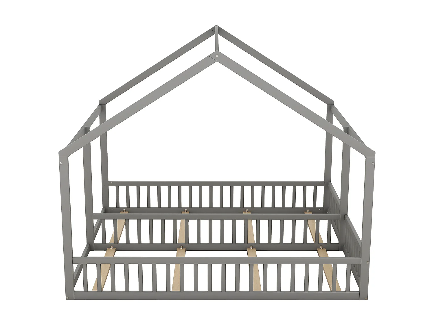 Lit 2-en-1 pour enfants, Lit maison 90x200 cm, Pin, Gris (204x187x168 cm)