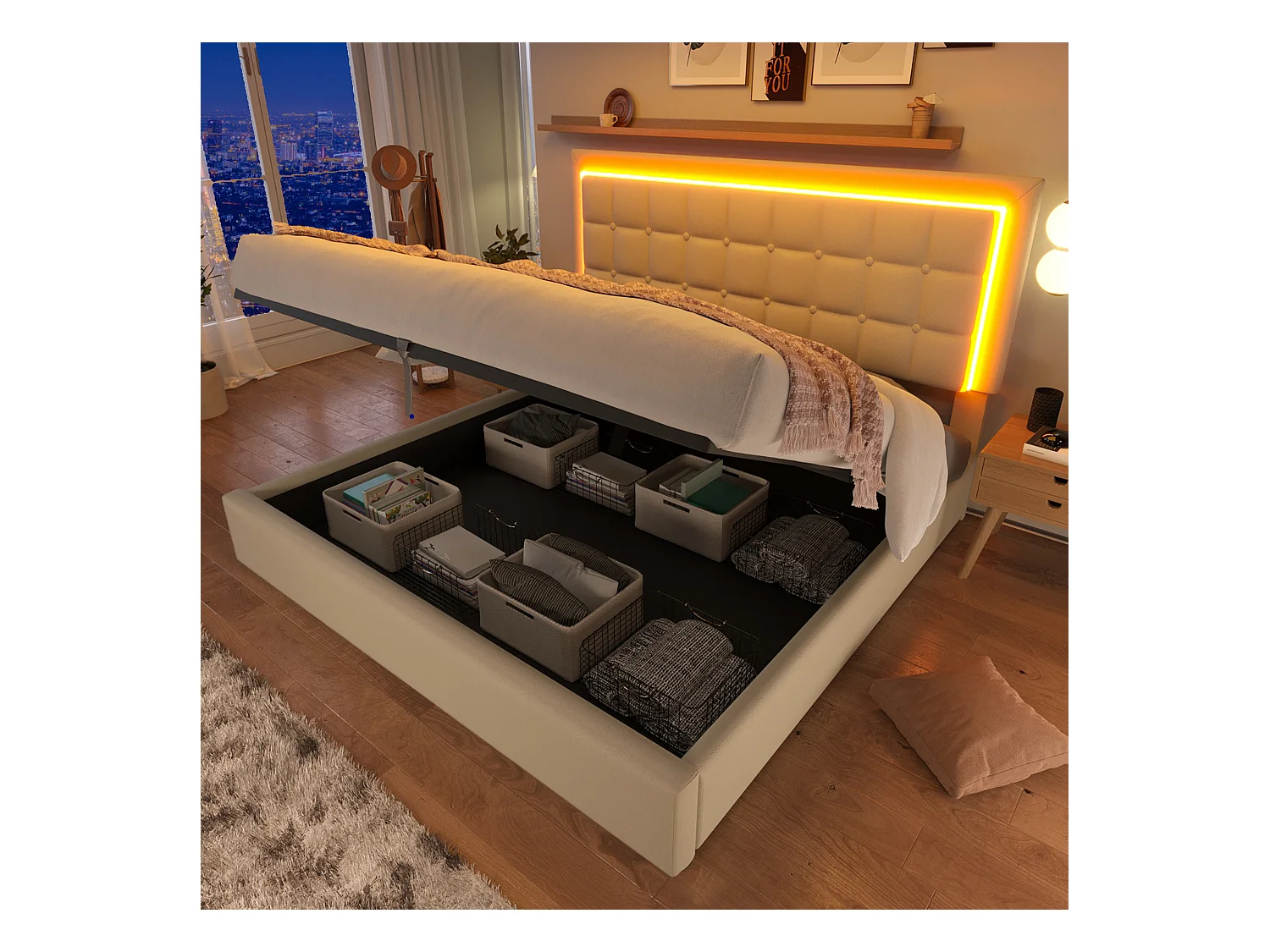 Lit double coffre avec LED et recharge USB, bois massif, simili cuir blanc (203x185x107cm)