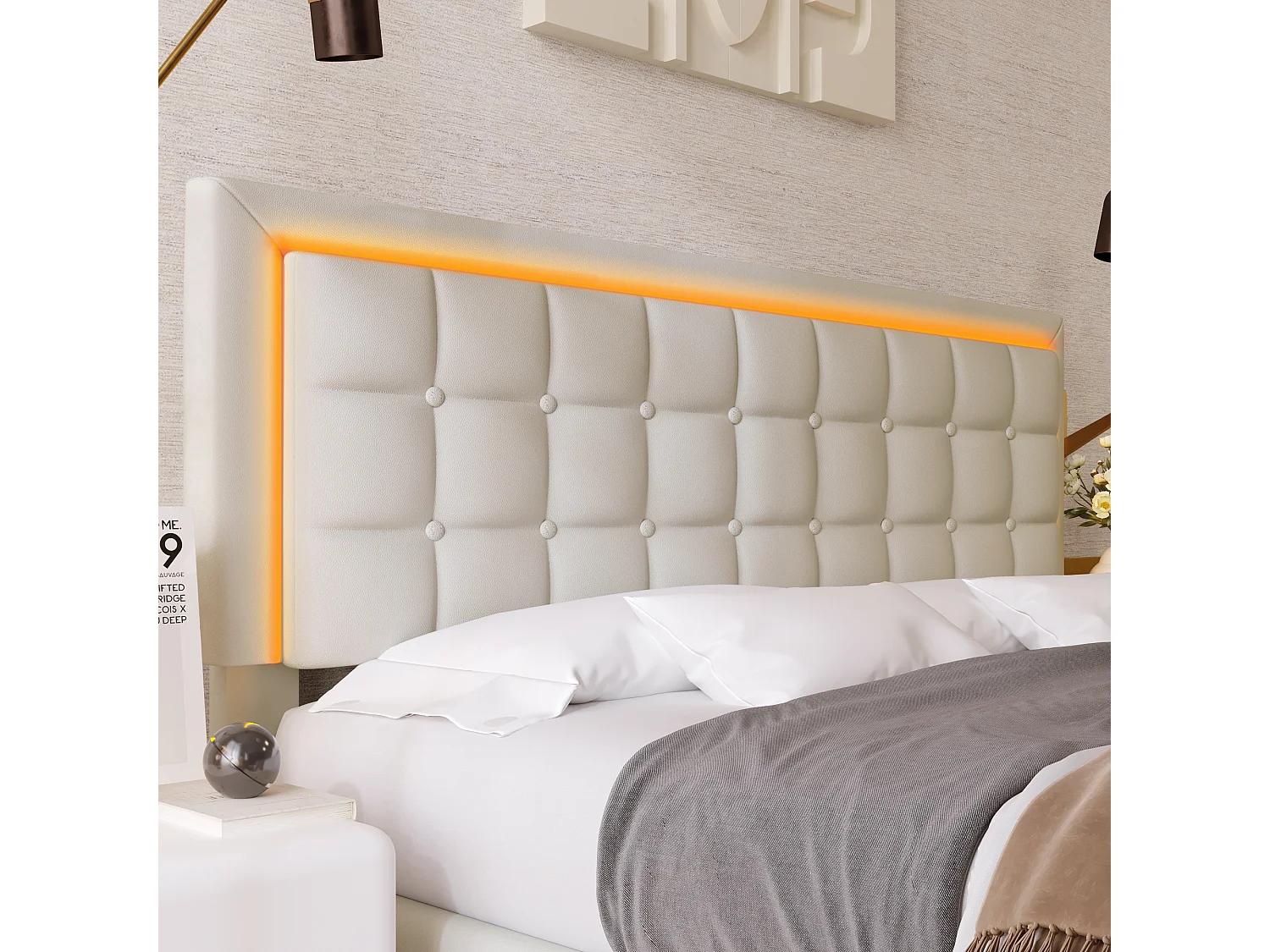 Lit double coffre avec LED et recharge USB, bois massif, simili cuir blanc (203x185x107cm)