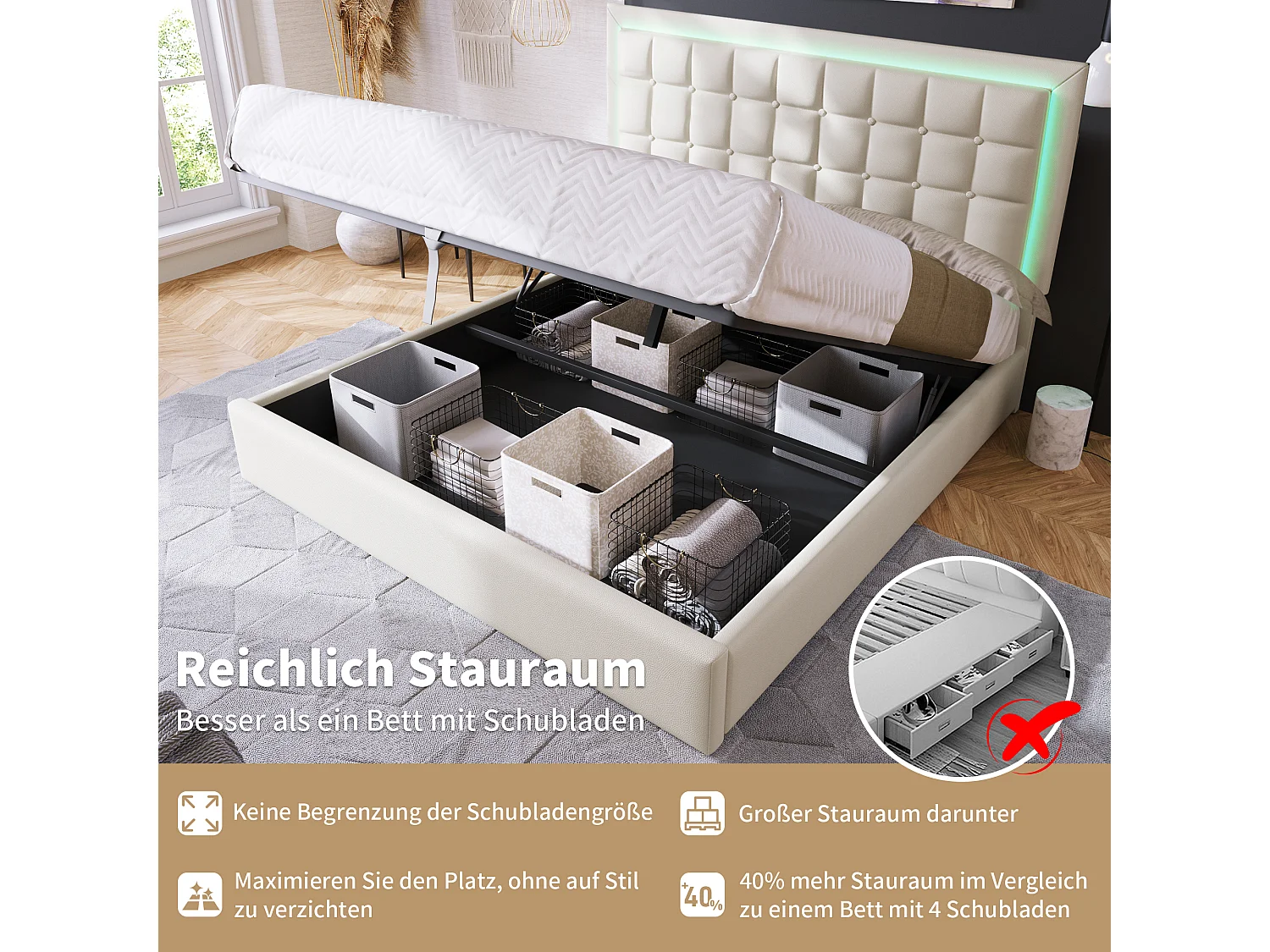 Lit double coffre avec LED et recharge USB, bois massif, simili cuir blanc (203x185x107cm)