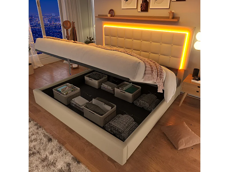 Lit double coffre avec LED et recharge USB, bois massif, simili cuir blanc (203x185x107cm)