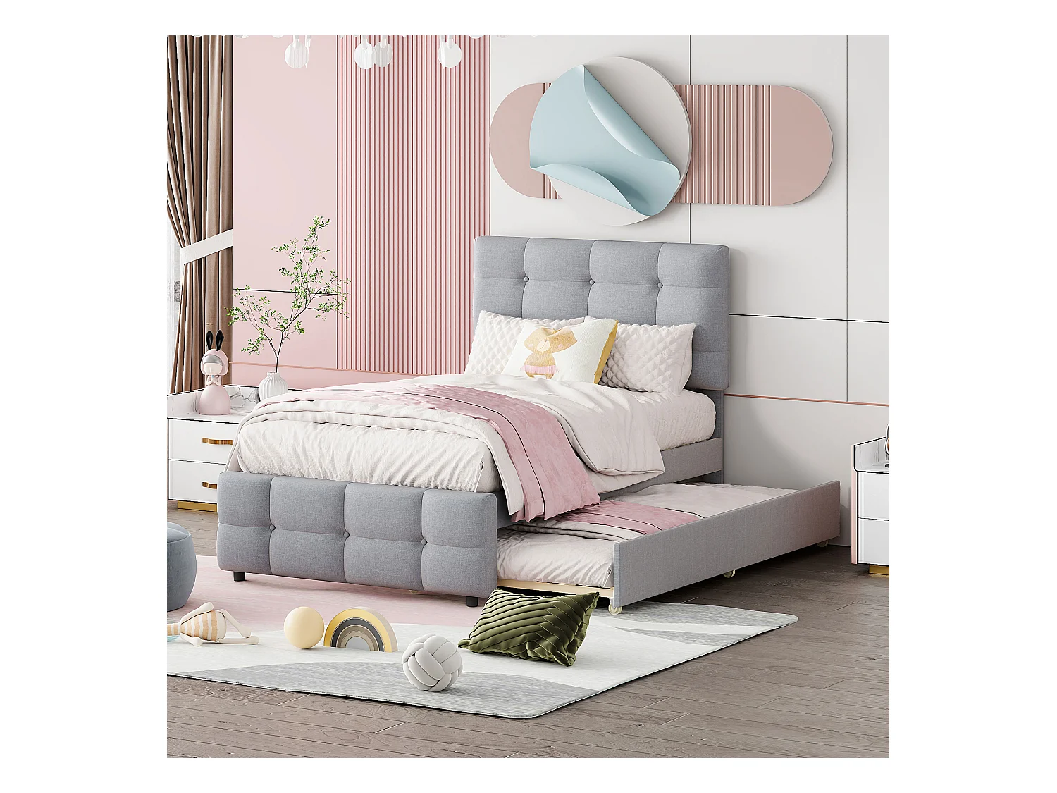 Lit enfant gigogne avec tête réglable, tissu lin gris, lit simple avec tiroir extensible (200x90x99cm)