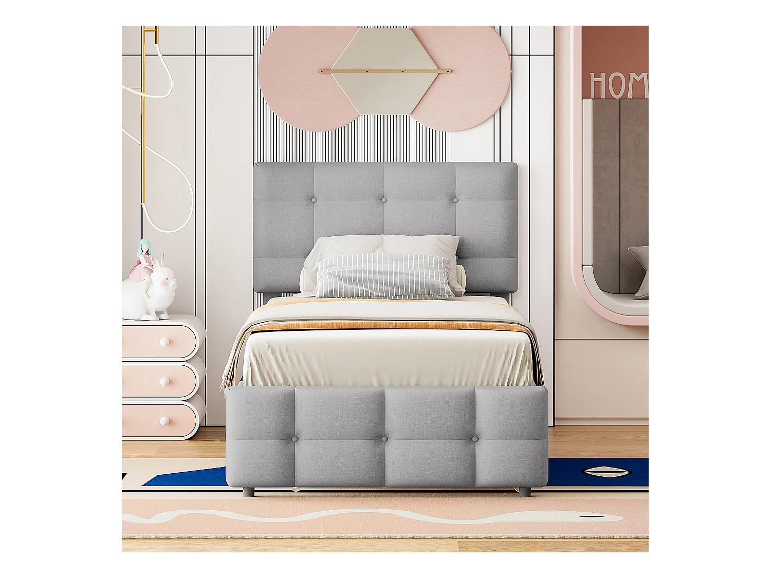 Lit enfant gigogne avec tête réglable, tissu lin gris, lit simple avec tiroir extensible (200x90x99cm)