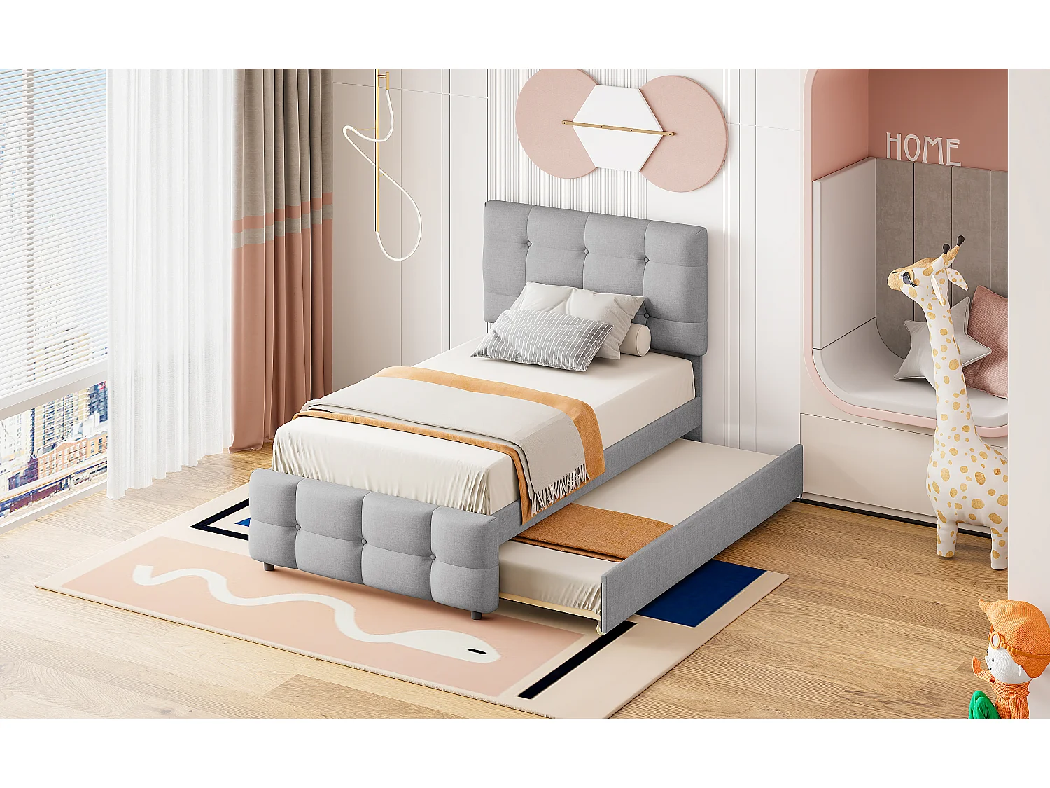 Lit enfant gigogne avec tête réglable, tissu lin gris, lit simple avec tiroir extensible (200x90x99cm)