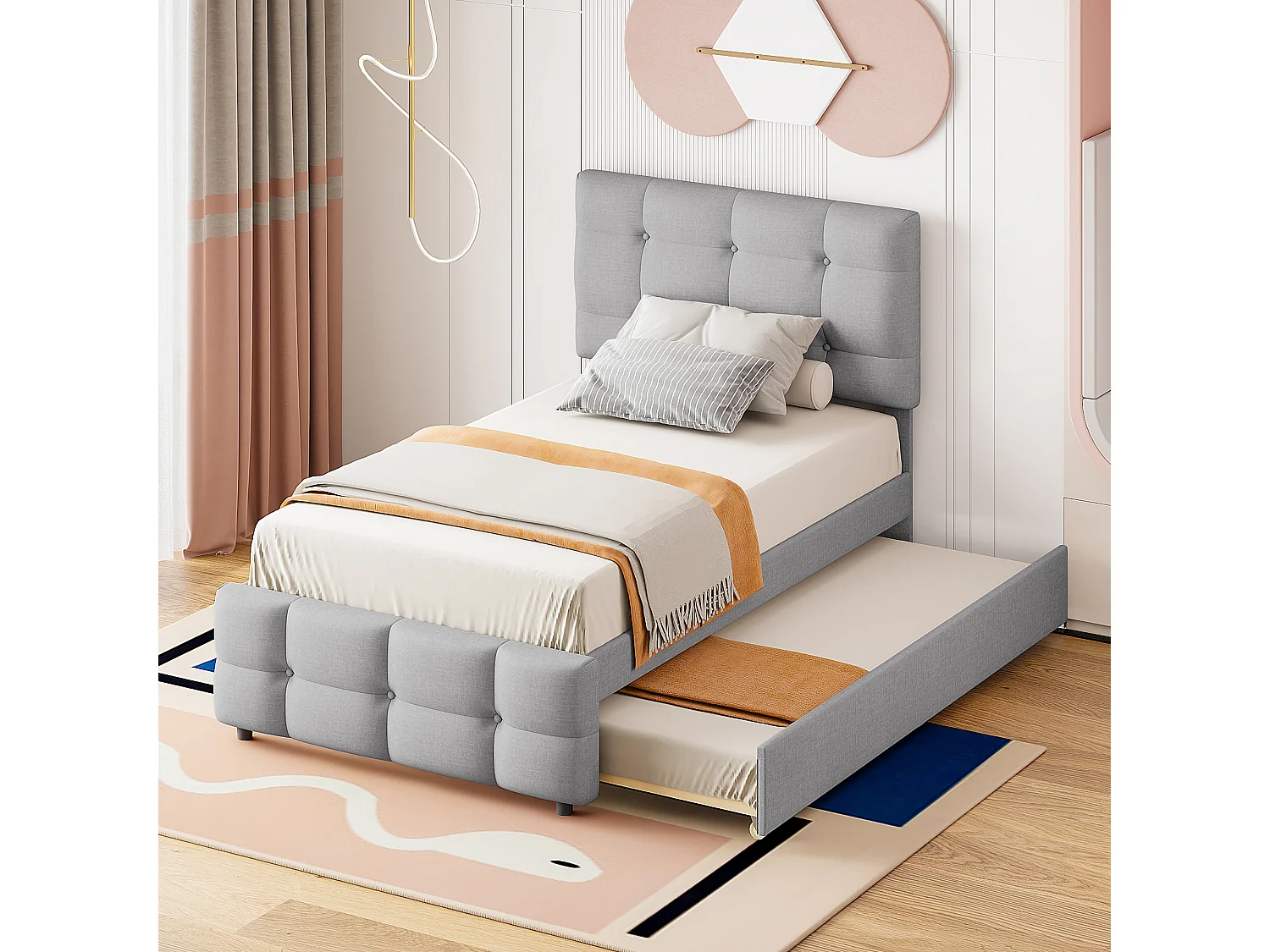 Kinderbed met verstelbaar hoofdeinde, grijze linnen stof, eenpersoonsbed met uitschuifbare lade (200x90x99cm)