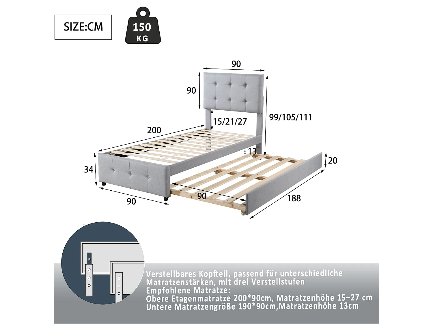 Kinderbed met verstelbaar hoofdeinde, grijze linnen stof, eenpersoonsbed met uitschuifbare lade (200x90x99cm)