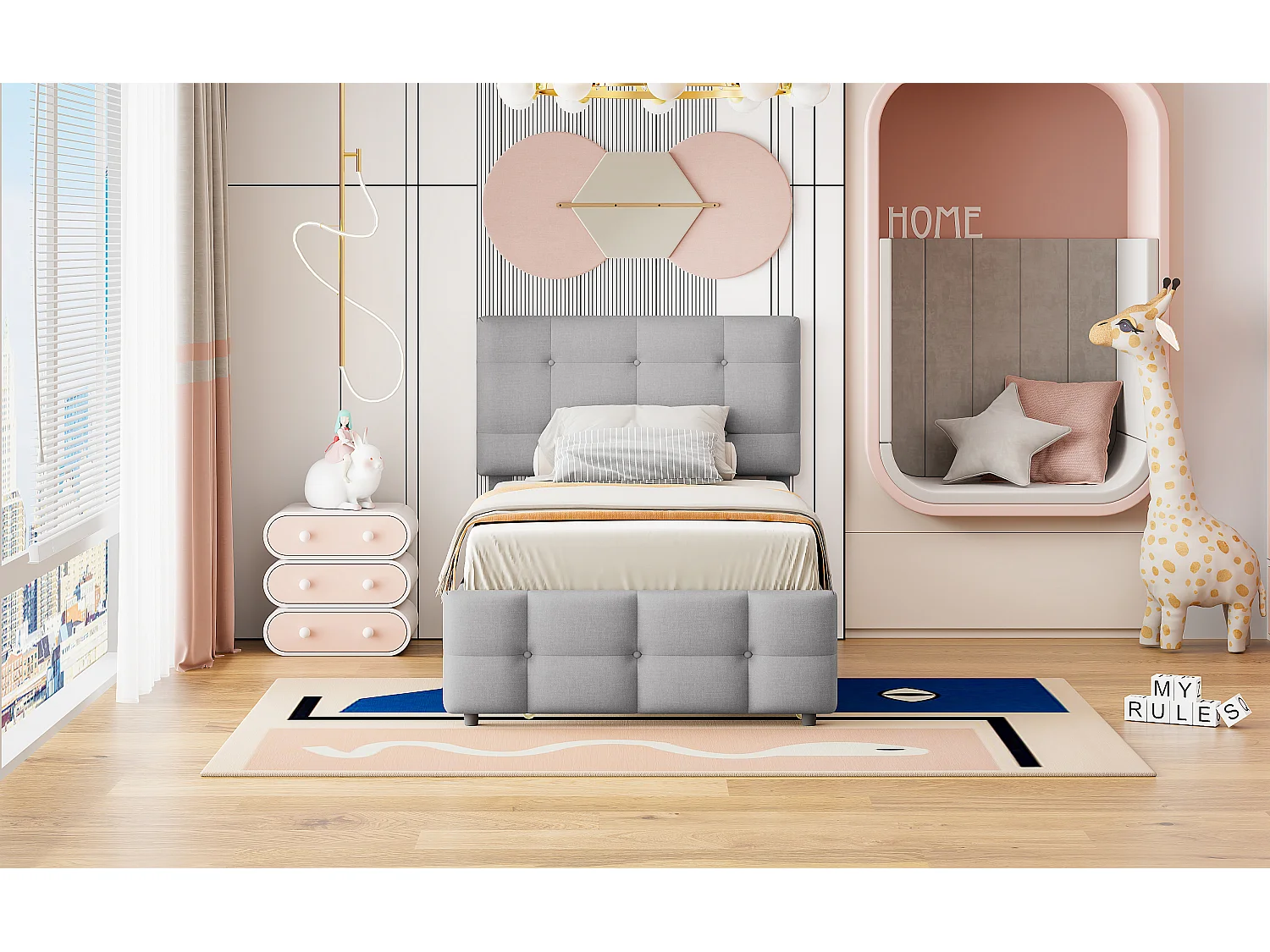 Kinderbed met verstelbaar hoofdeinde, grijze linnen stof, eenpersoonsbed met uitschuifbare lade (200x90x99cm)