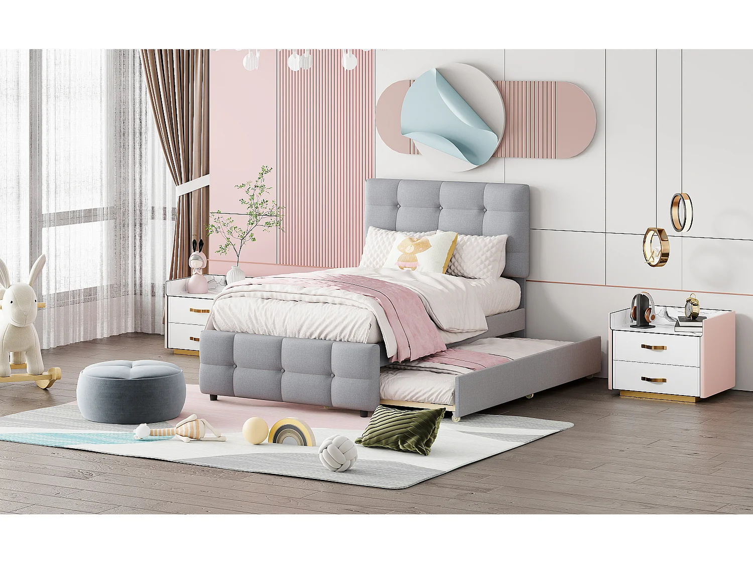 Kinderbed met verstelbaar hoofdeinde, grijze linnen stof, eenpersoonsbed met uitschuifbare lade (200x90x99cm)