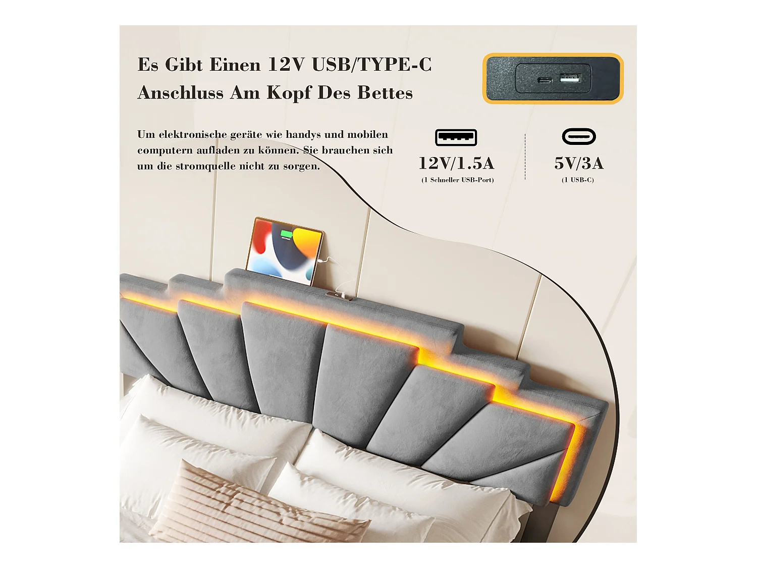 Lit moderne avec tête de lit géométrique, éclairage LED, ports USB Type-C et rangement, 160x200 cm (168.5x200x106 cm)