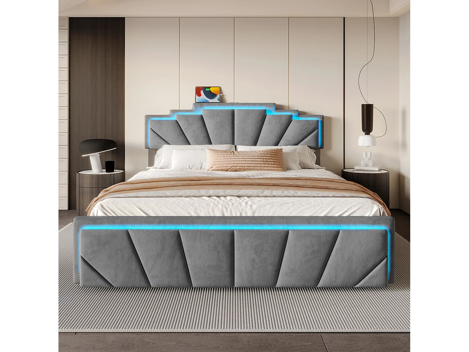 Cama moderna con cabecero geométrico, iluminación LED, puertos USB tipo C y almacenaje, 160x200 cm (168,5x200x106 cm)