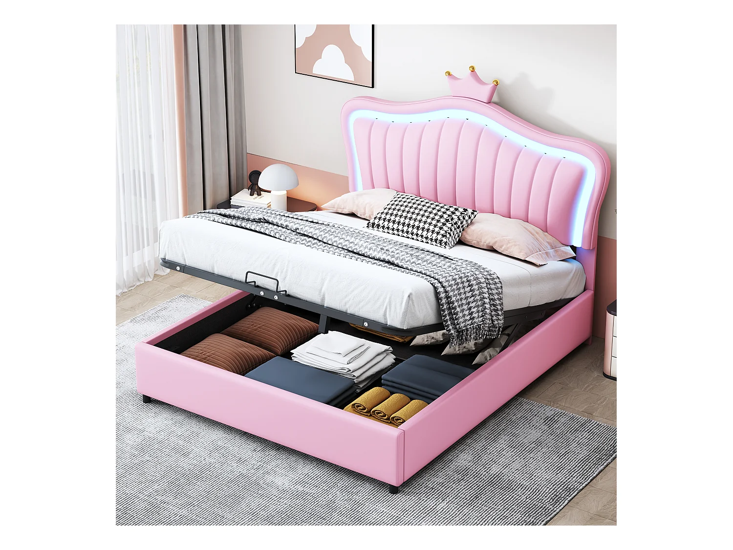 Letto per bambini 140x200 cm con contenitore idraulico, testiera con corona rosa, rivestimento in pelle PU, LED integrati, rete a doghe (203,5x150x126,5 cm)