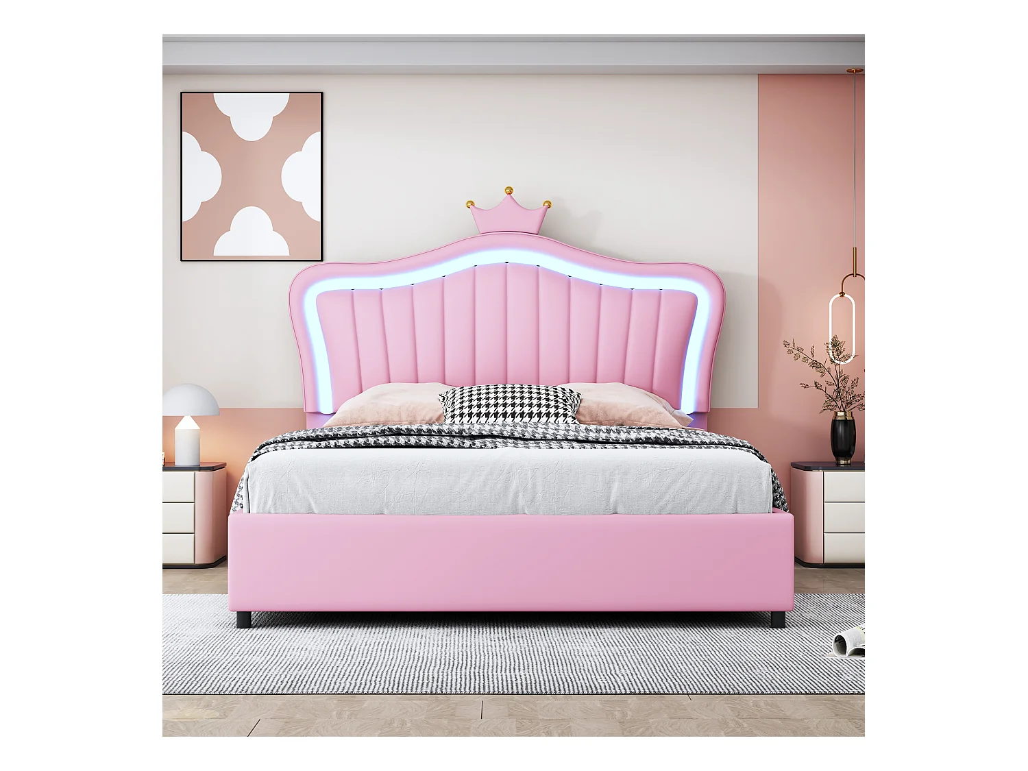 Letto per bambini 140x200 cm con contenitore idraulico, testiera con corona rosa, rivestimento in pelle PU, LED integrati, rete a doghe (203,5x150x126,5 cm)