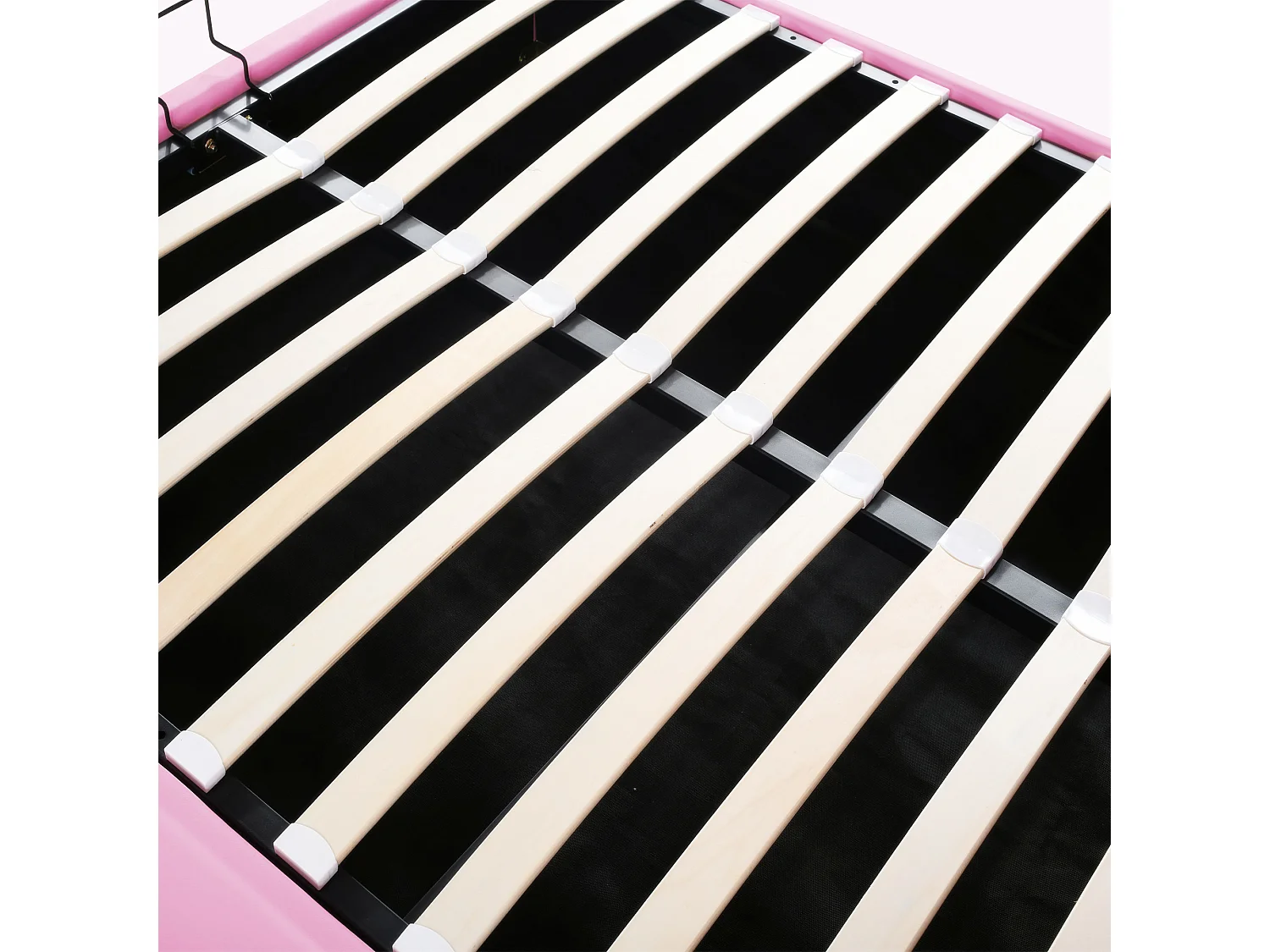 Letto per bambini 140x200 cm con contenitore idraulico, testiera con corona rosa, rivestimento in pelle PU, LED integrati, rete a doghe (203,5x150x126,5 cm)