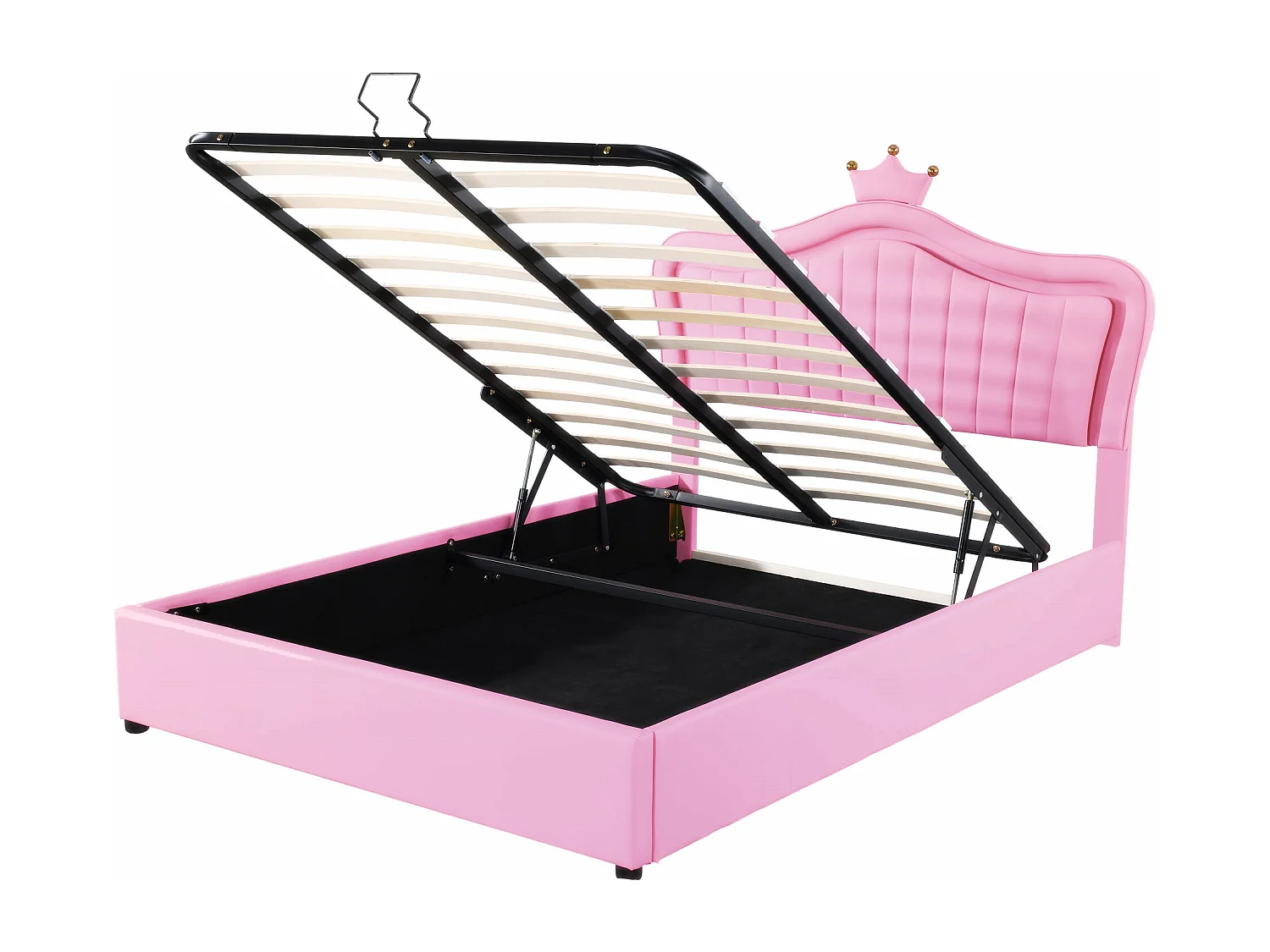 Letto per bambini 140x200 cm con contenitore idraulico, testiera con corona rosa, rivestimento in pelle PU, LED integrati, rete a doghe (203,5x150x126,5 cm)