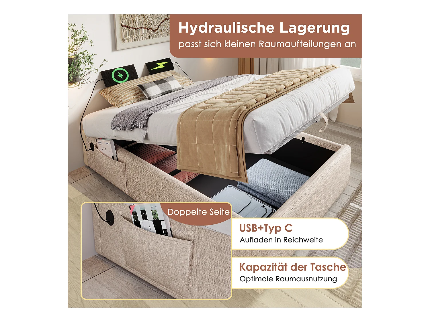 Cama individual 90x200 cm, estructura de cama con almacenaje hidráulico, USB y Tipo-C integrados, lino natural, sin cabecero (202x91x29 cm)