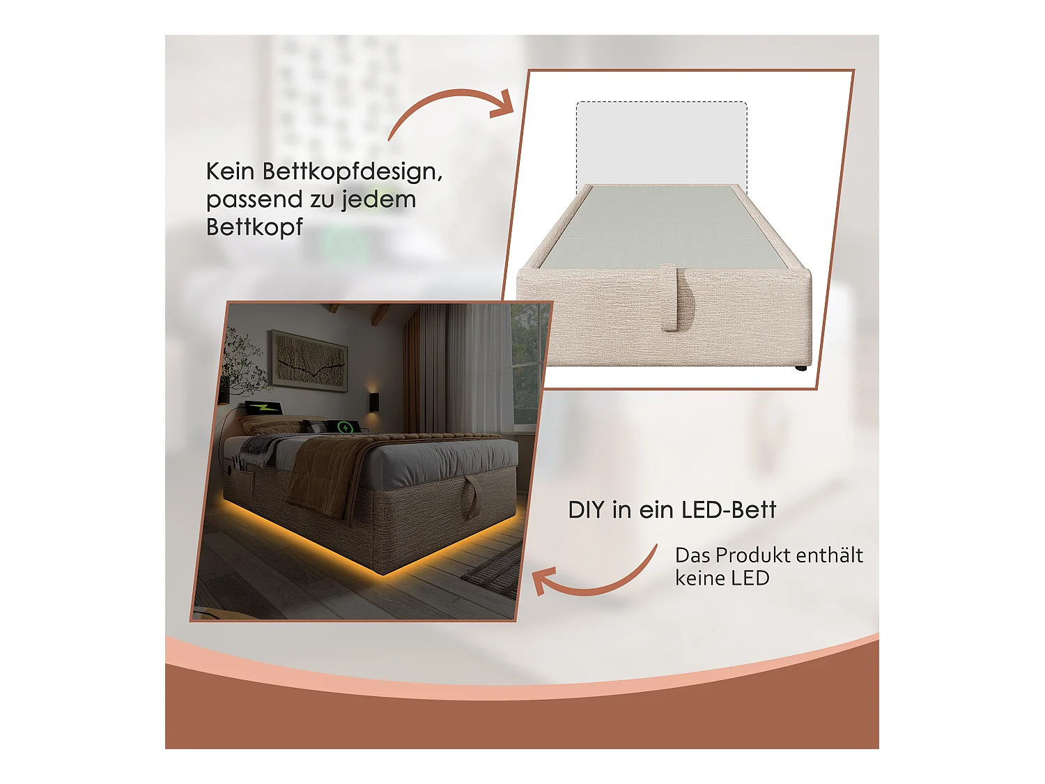 Cama individual 90x200 cm, estructura de cama con almacenaje hidráulico, USB y Tipo-C integrados, lino natural, sin cabecero (202x91x29 cm)