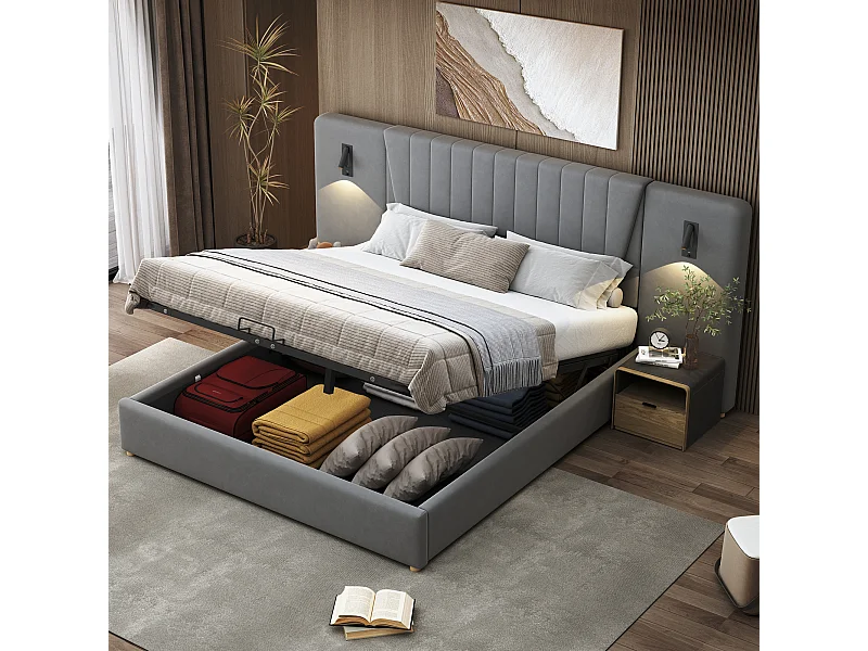 Letto imbottito 180x200cm, schienale extra lungo, lampada da lettura regolabile, presa USB, letto contenitore idraulico, velluto grigio (206x246,5x109cm)