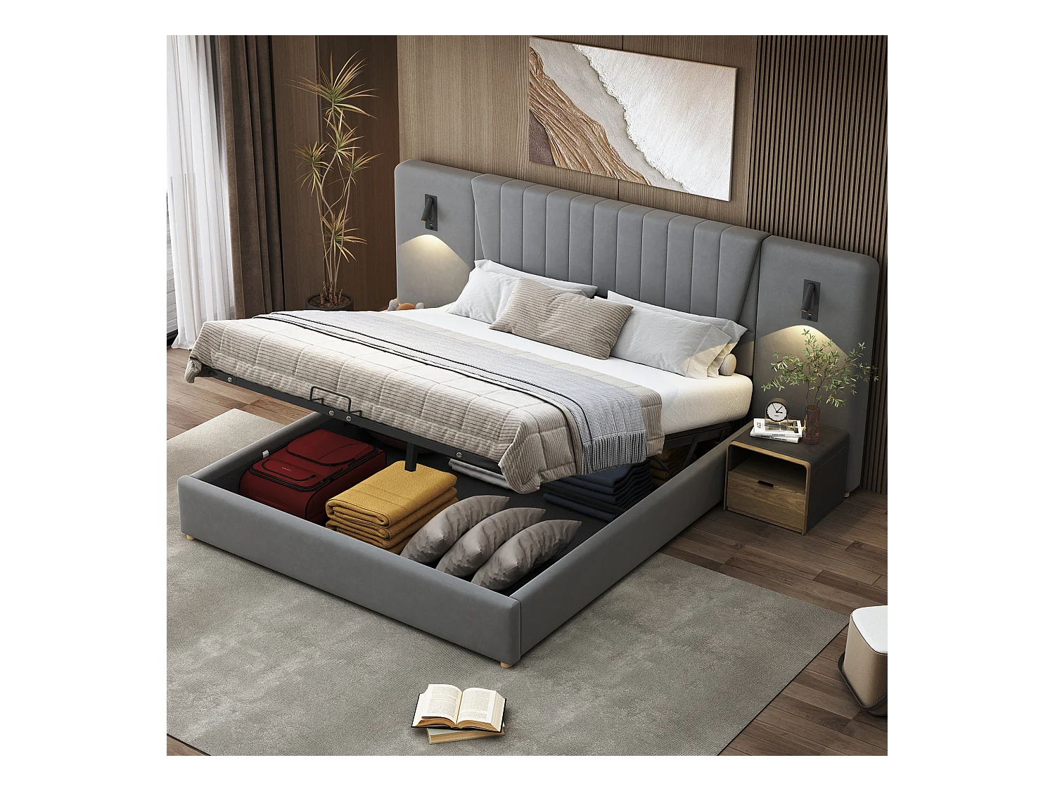 Lit tapissé 180x200cm, dossier extra long, lampe de lecture orientable, prise USB, lit coffre hydraulique, velours gris (206x246.5x109cm)