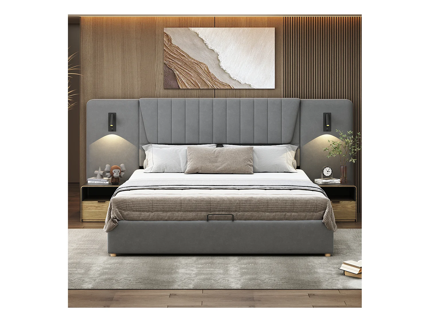 Lit tapissé 180x200cm, dossier extra long, lampe de lecture orientable, prise USB, lit coffre hydraulique, velours gris (206x246.5x109cm)