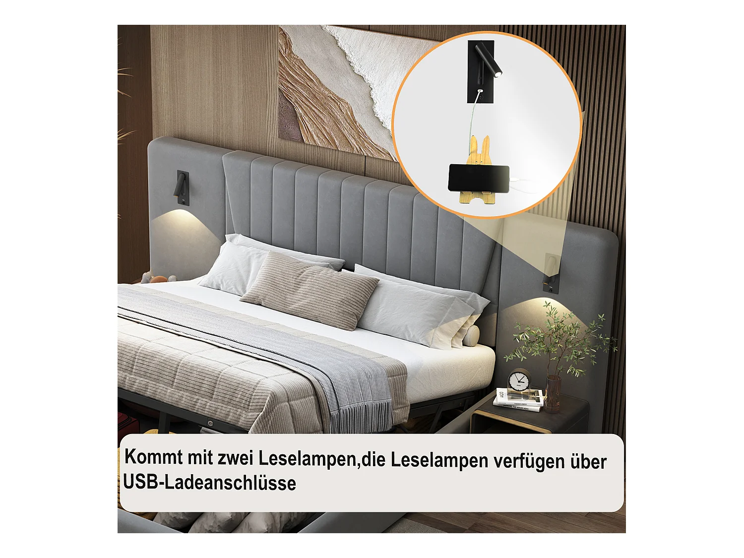 Lit tapissé 180x200cm, dossier extra long, lampe de lecture orientable, prise USB, lit coffre hydraulique, velours gris (206x246.5x109cm)