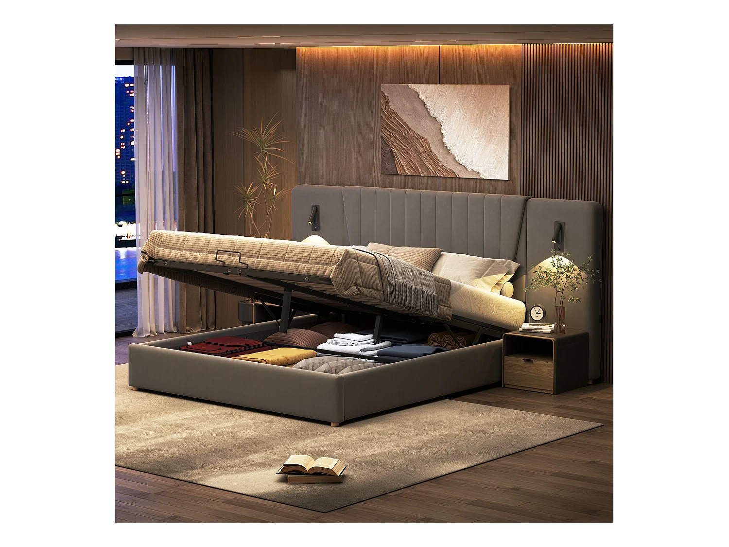 Lit tapissé 180x200cm, dossier extra long, lampe de lecture orientable, prise USB, lit coffre hydraulique, velours gris (206x246.5x109cm)