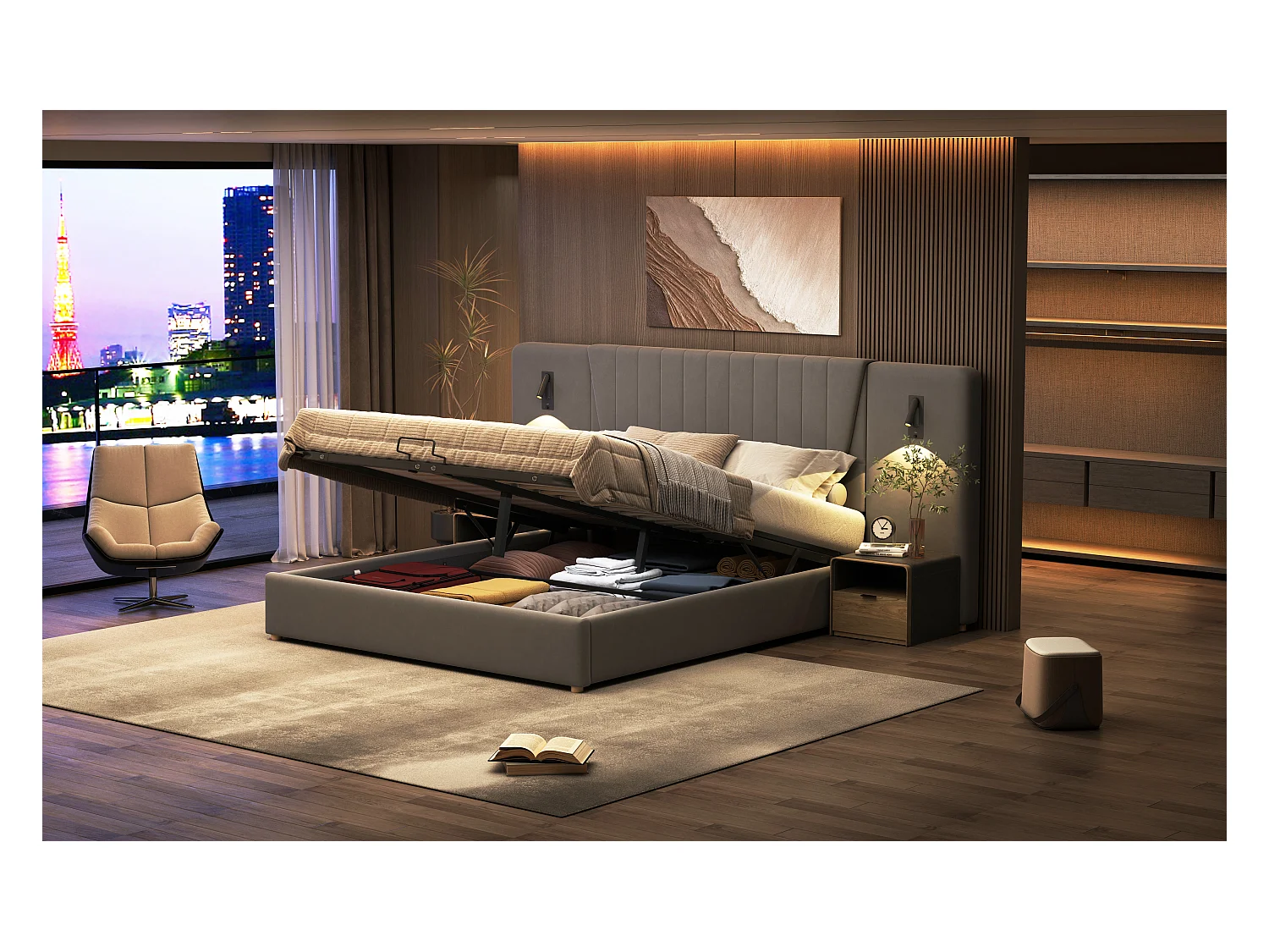 Lit tapissé 180x200cm, dossier extra long, lampe de lecture orientable, prise USB, lit coffre hydraulique, velours gris (206x246.5x109cm)