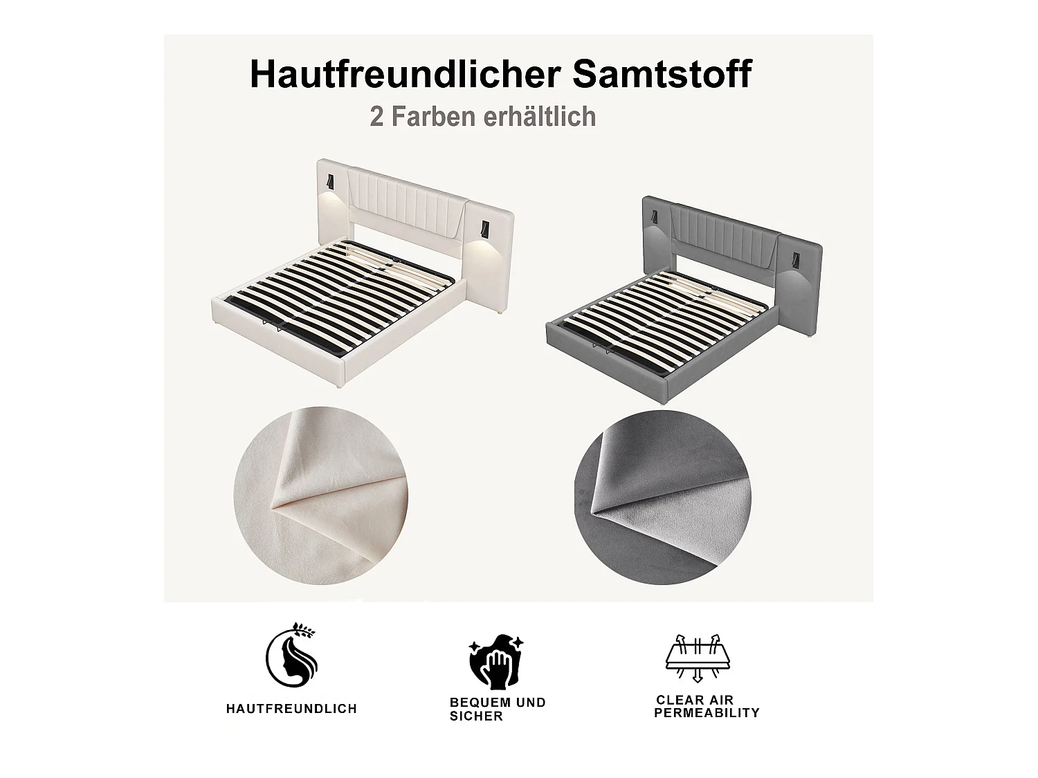 Lit tapissé 180x200cm, dossier extra long, lampe de lecture orientable, prise USB, lit coffre hydraulique, velours gris (206x246.5x109cm)