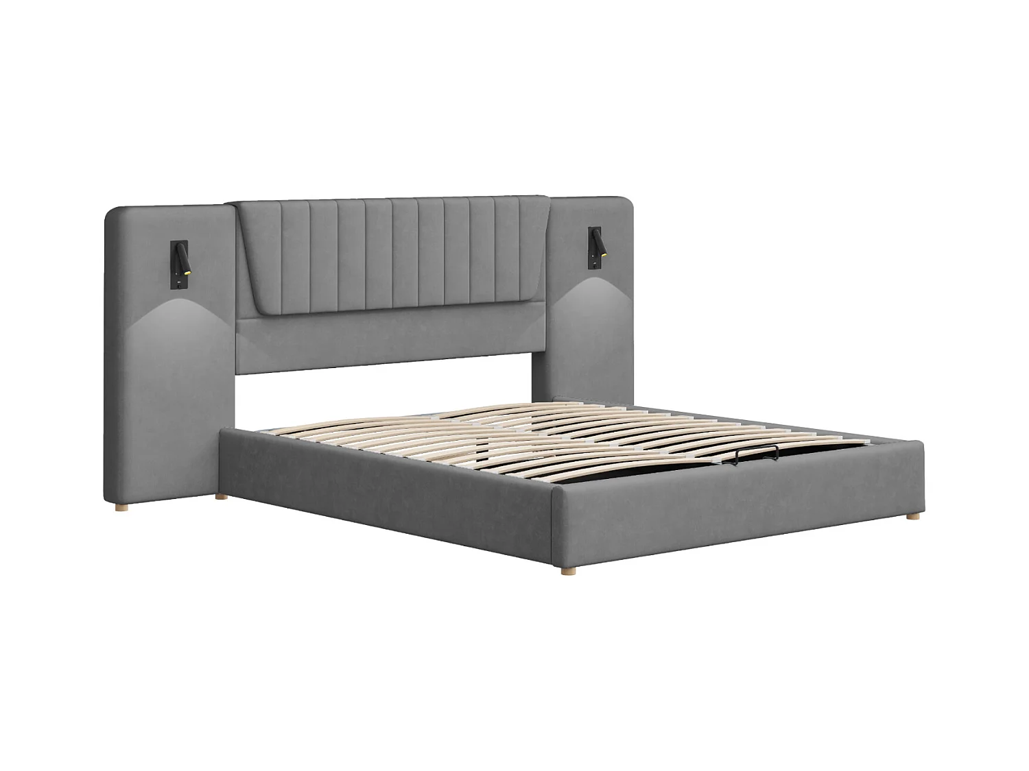 Lit tapissé 180x200cm, dossier extra long, lampe de lecture orientable, prise USB, lit coffre hydraulique, velours gris (206x246.5x109cm)