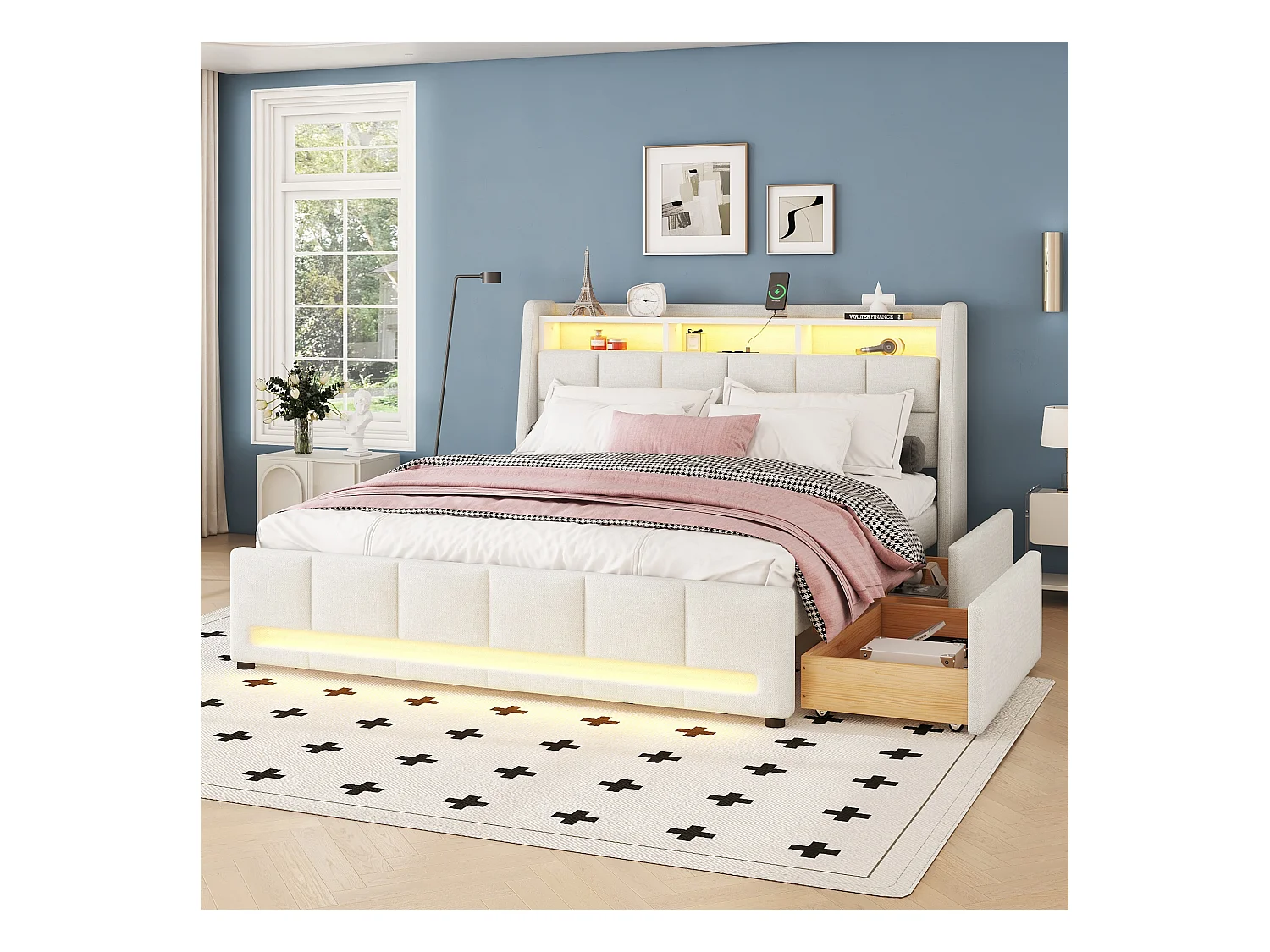 Lit avec tiroirs de rangement et éclairage LED, 160 x 200 cm, en lin beige (224 x 173 x 110 cm)