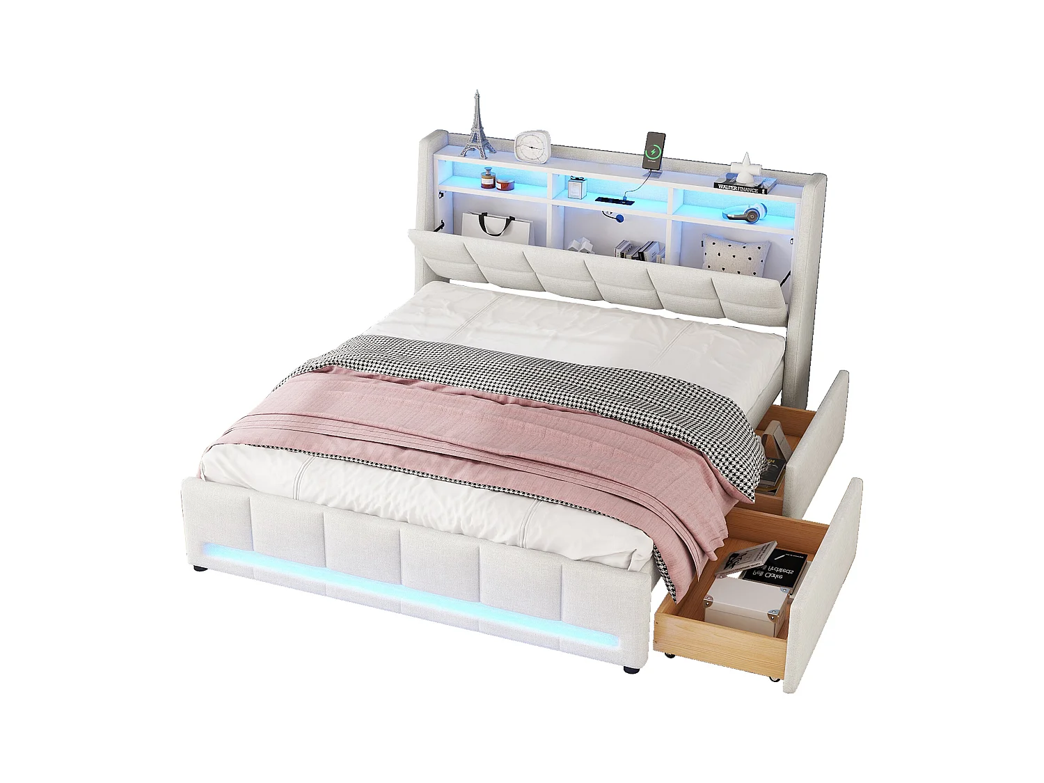 Lit avec tiroirs de rangement et éclairage LED, 160 x 200 cm, en lin beige (224 x 173 x 110 cm)