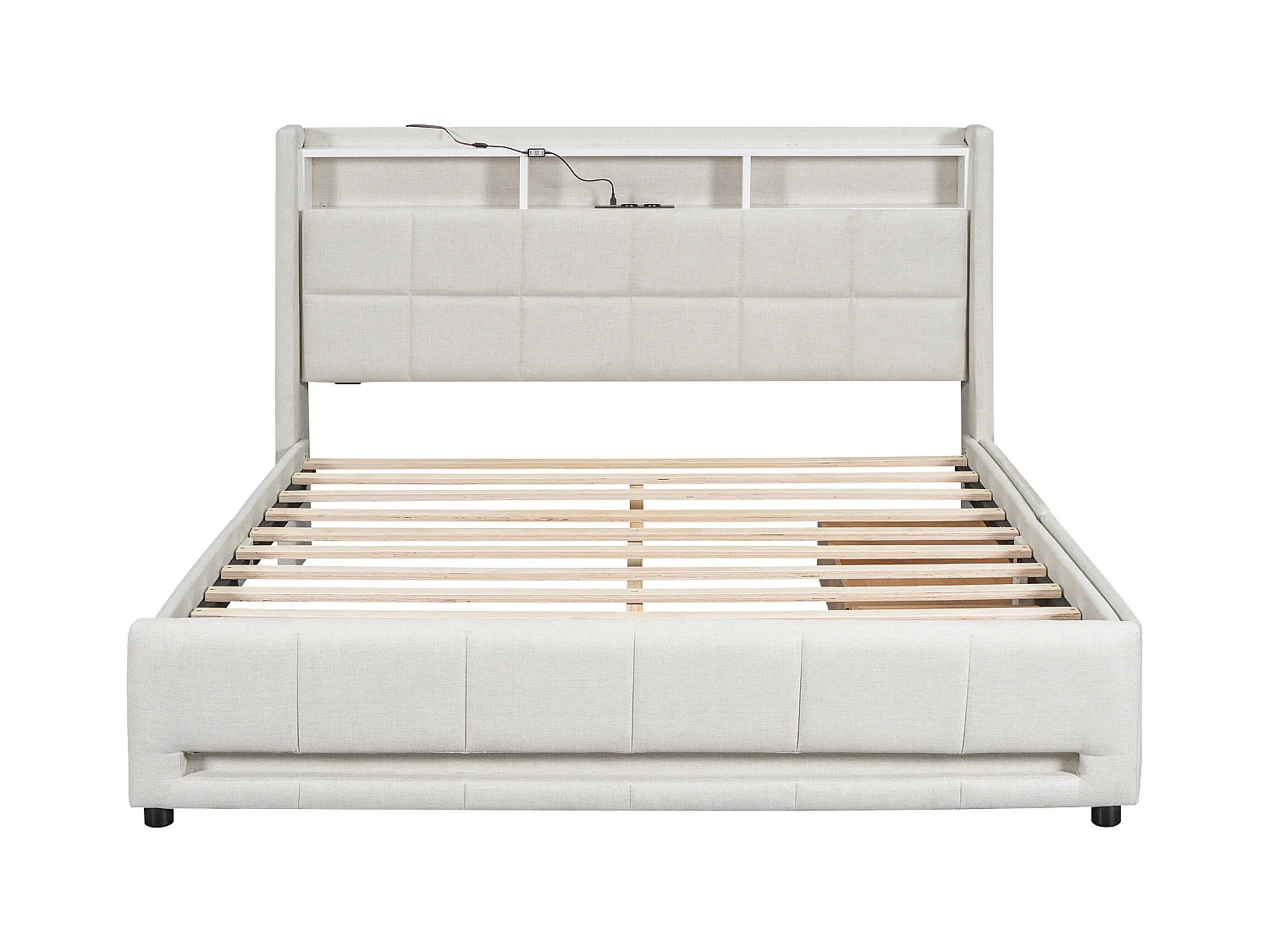 Lit avec tiroirs de rangement et éclairage LED, 160 x 200 cm, en lin beige (224 x 173 x 110 cm)