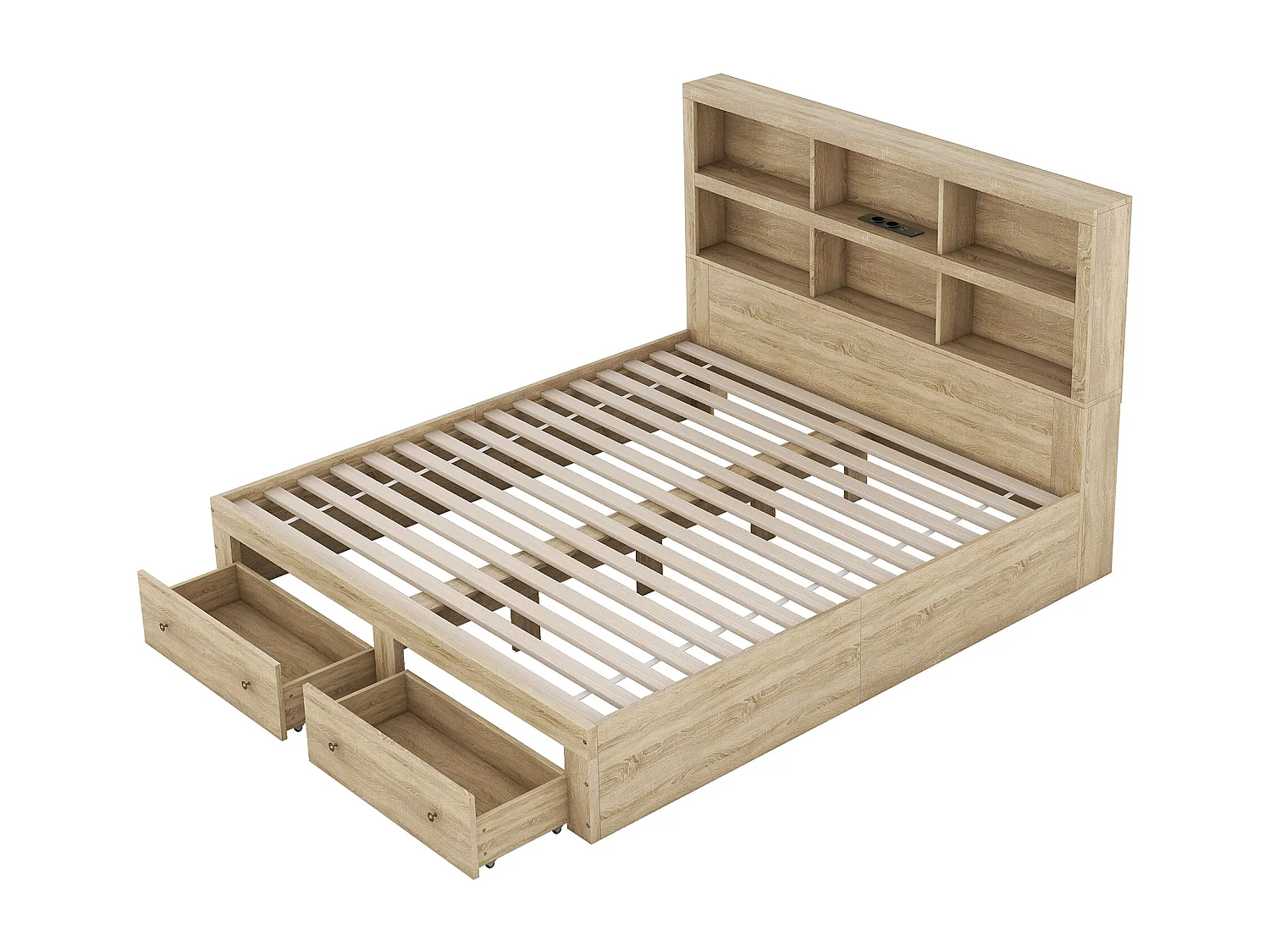 Letto a piattaforma 160x200 cm con due cassetti e testiera con contenitore, naturale (219x163x125 cm)