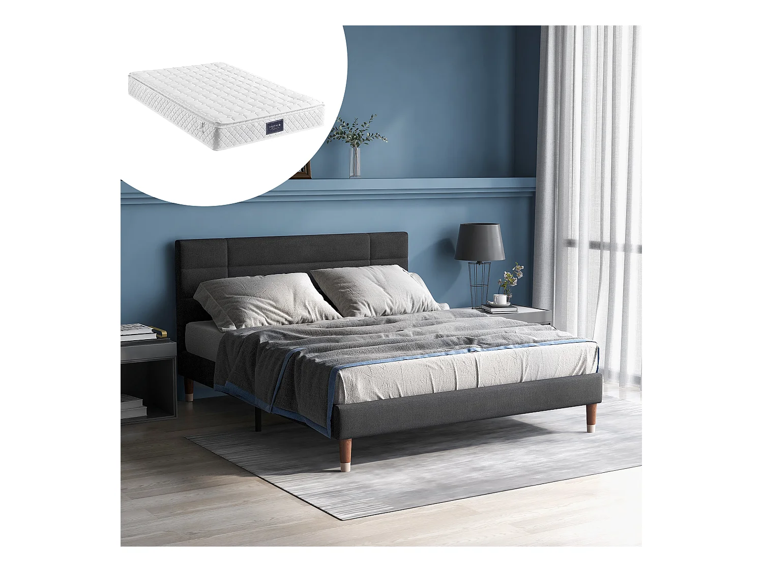 Lit tapissé avec coffre de rangement, sommier à lattes, tête de lit réglable, lin gris (141x209x101cm)