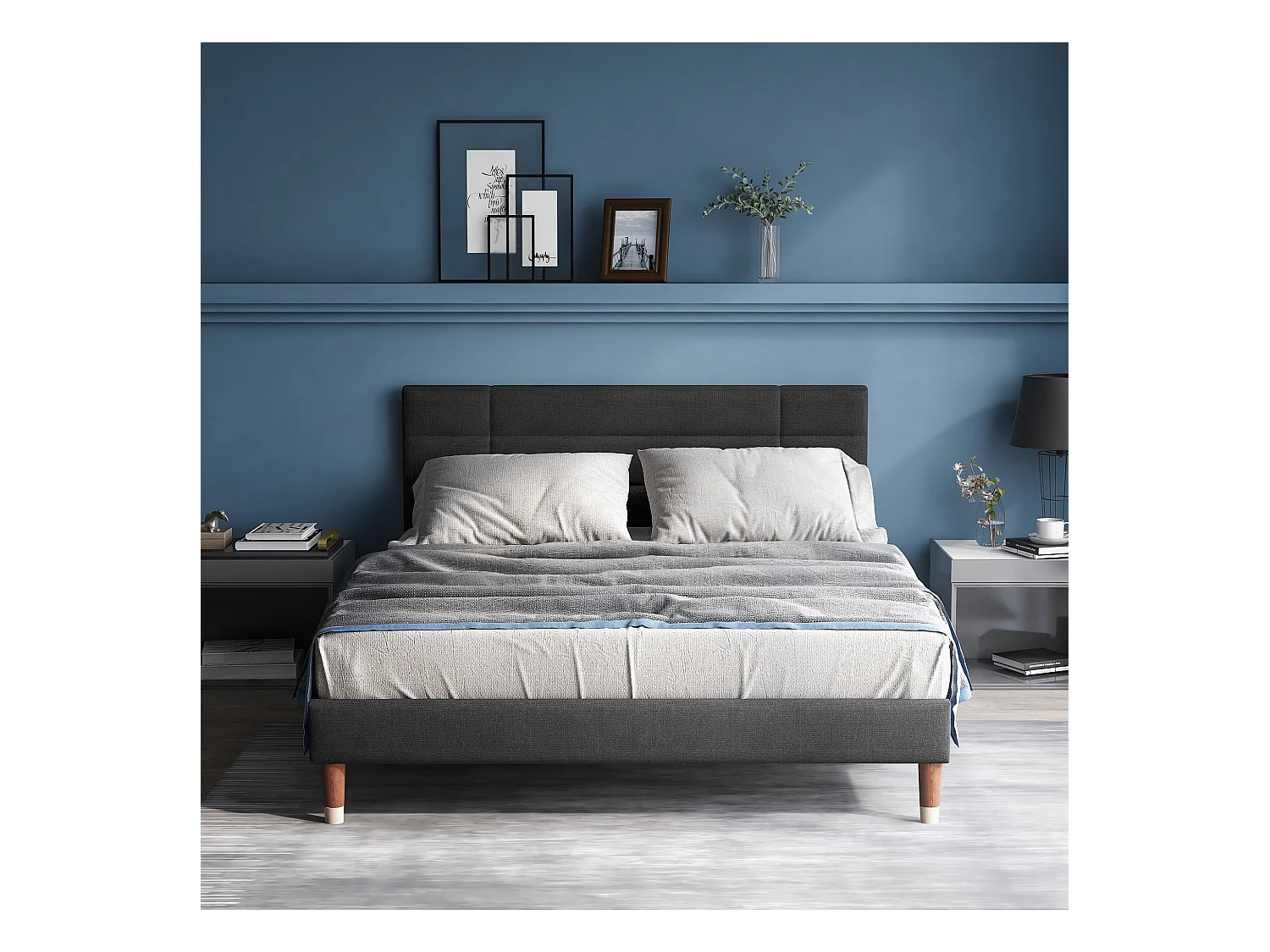 Lit tapissé avec coffre de rangement, sommier à lattes, tête de lit réglable, lin gris (141x209x101cm)