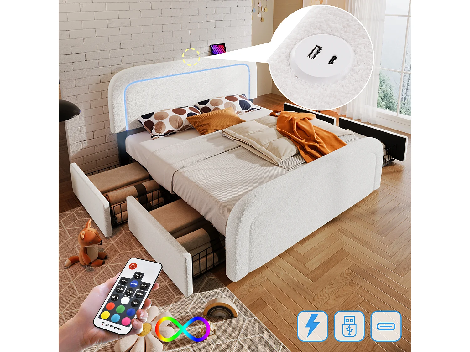 Lit double avec USB Type-C, LED intégrée, 4 tiroirs, Sherpa, blanc (150x208x102.5cm)